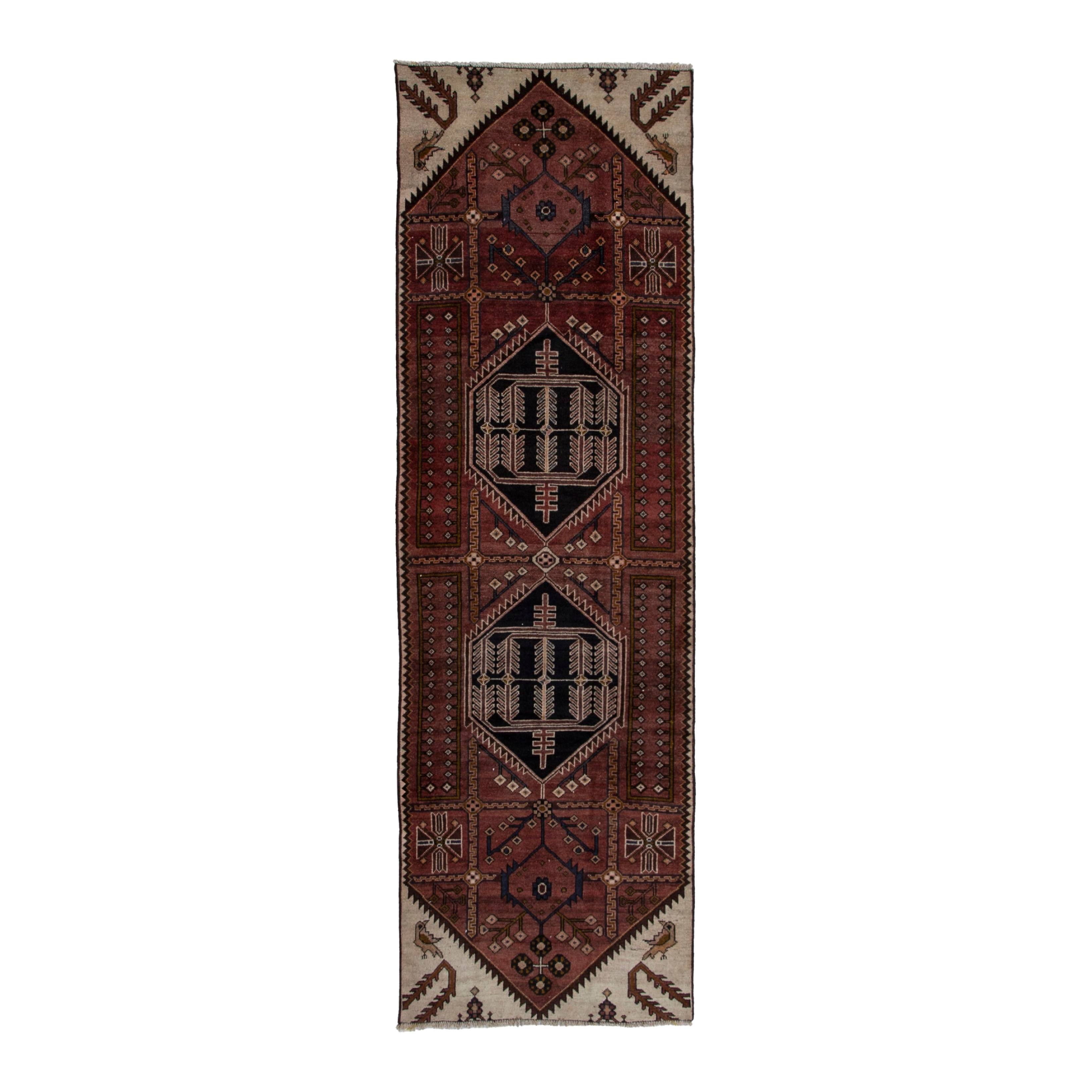Persian Saveh runner rug in burgundy and cream, 3'1" x 9'6"