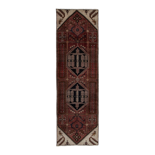 Persian Saveh runner rug in burgundy and cream, 3'1" x 9'6"