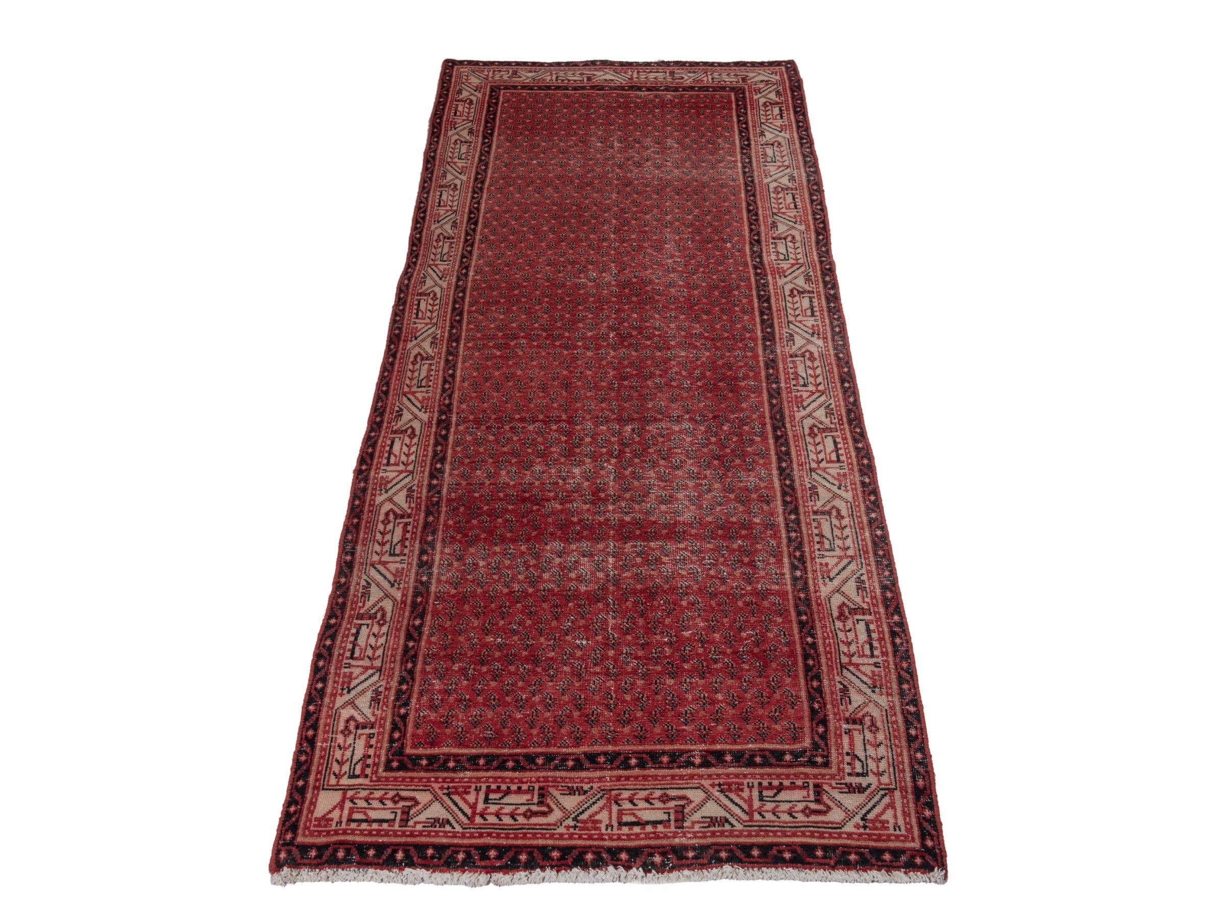 Persian Botteh runner rug in deep red and muted pink, view 2 of 19