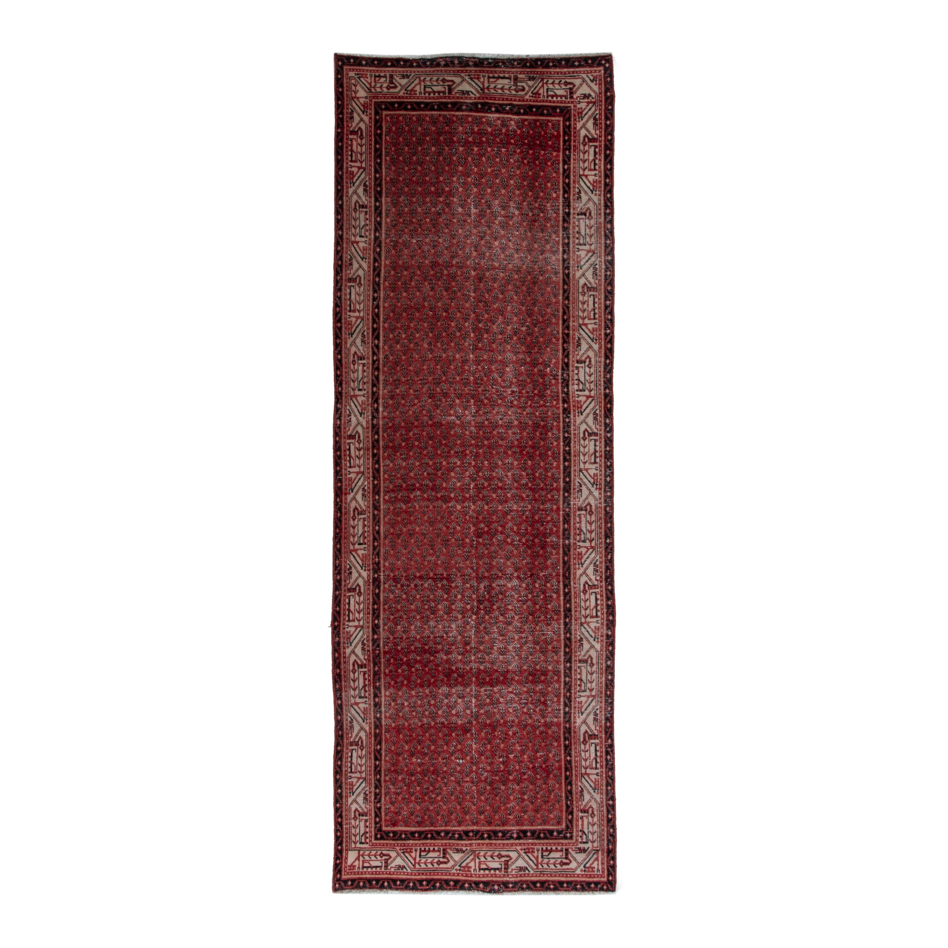 Persian Botteh runner rug in deep red and muted pink, 3'5" x 10'1"