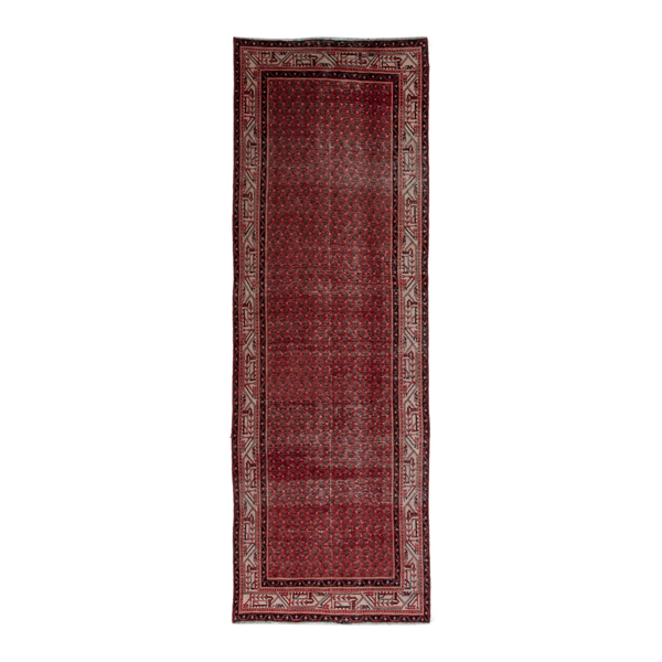 Persian Botteh runner rug in deep red and muted pink, 3'5" x 10'1"