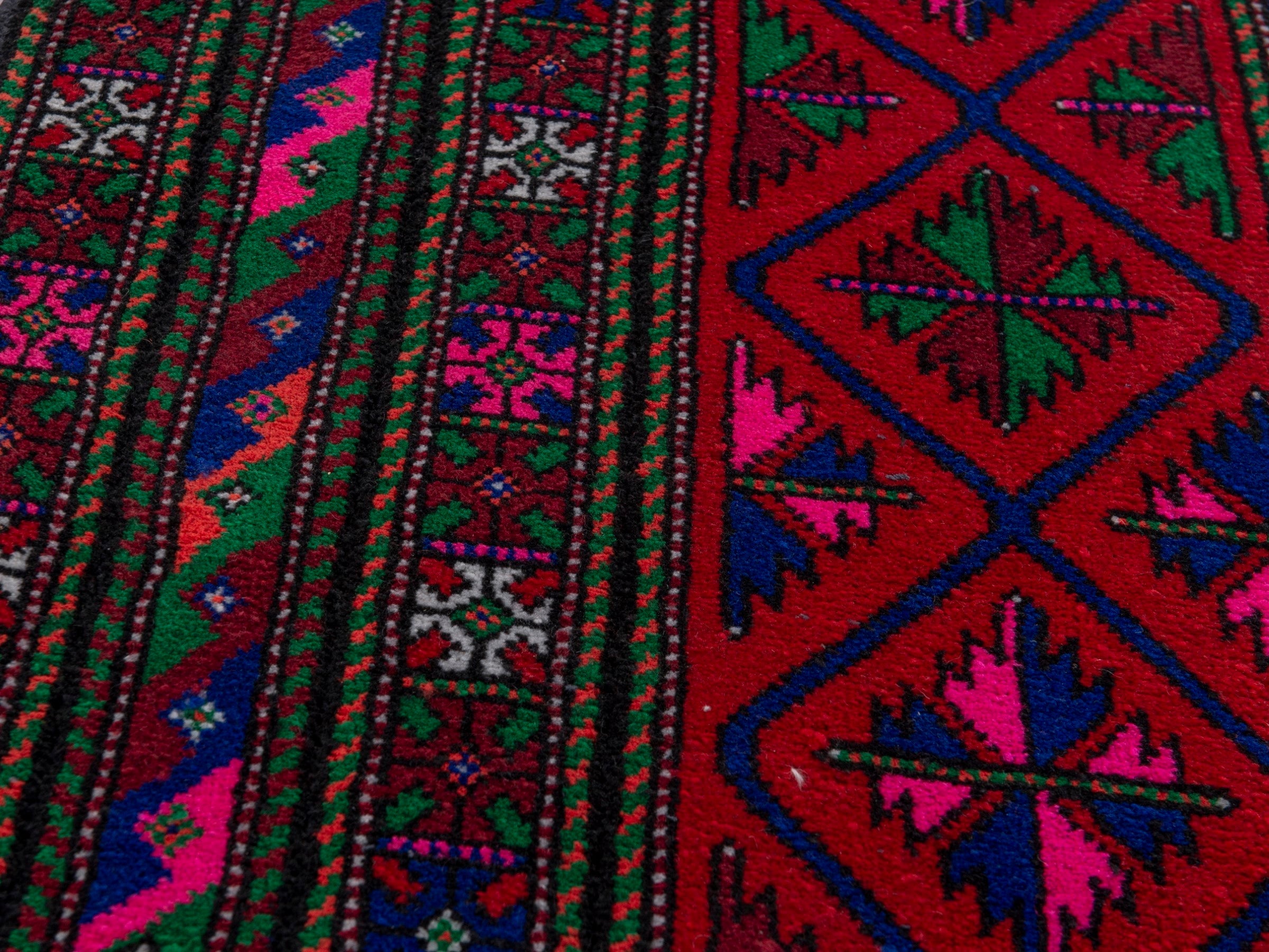 Persian Baluch runner rug in burgundy and magenta, view 7 of 16