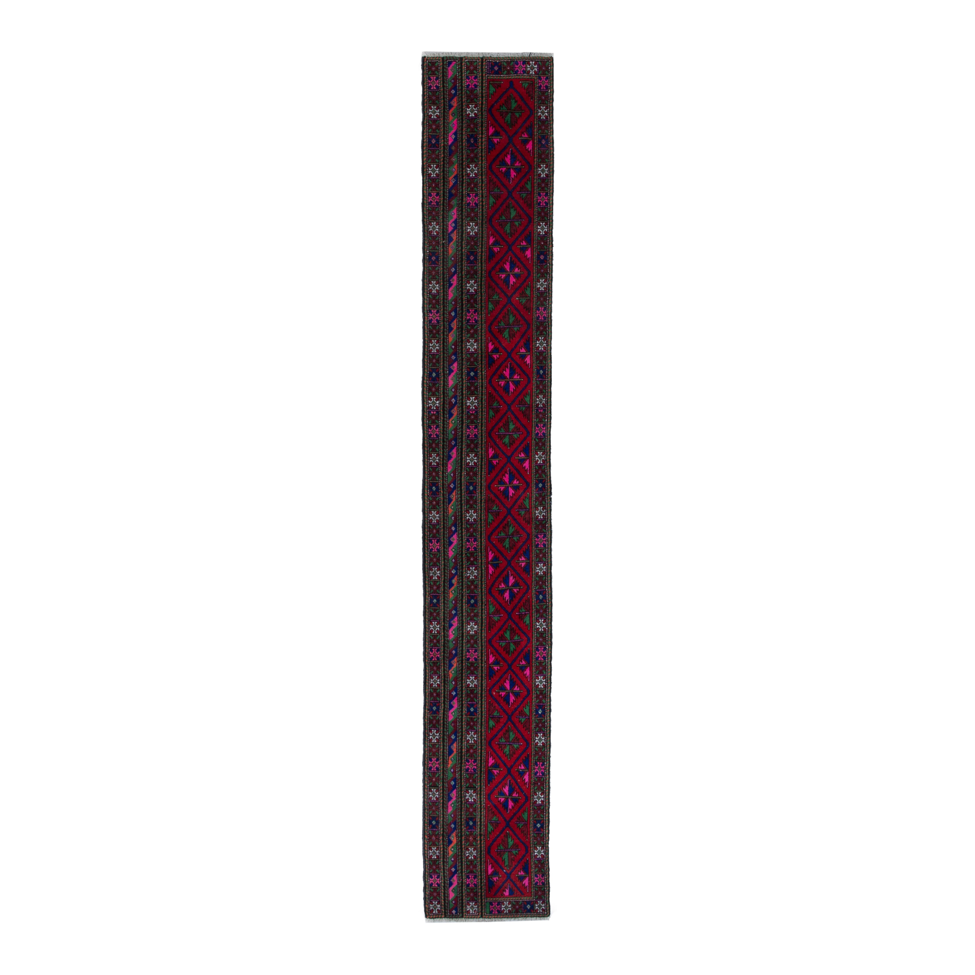 Persian Baluch runner rug in burgundy and magenta, 1'10" x 12'4"