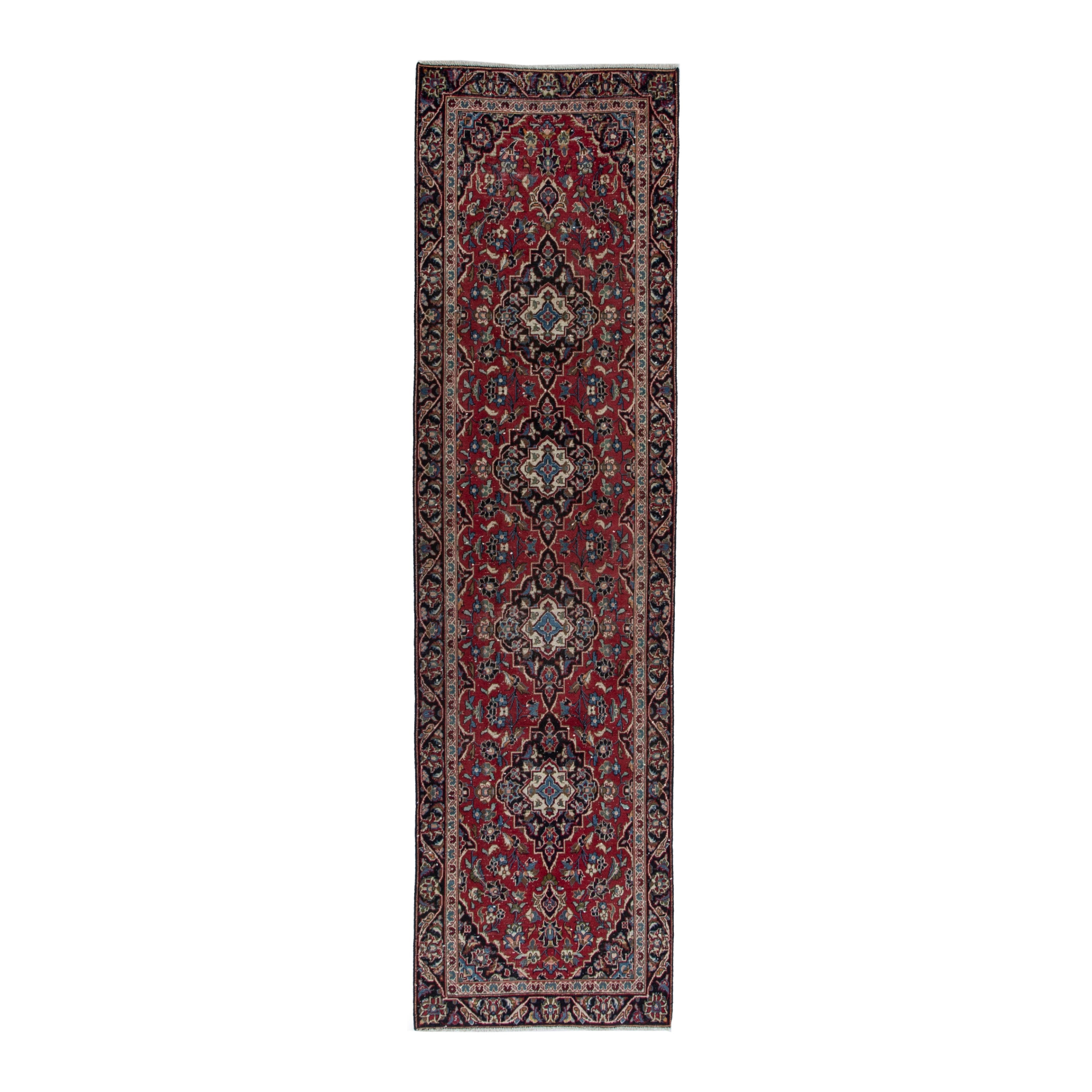 Persian Kashan runner rug in deep red and dark brown, 2'11" x 9'7"