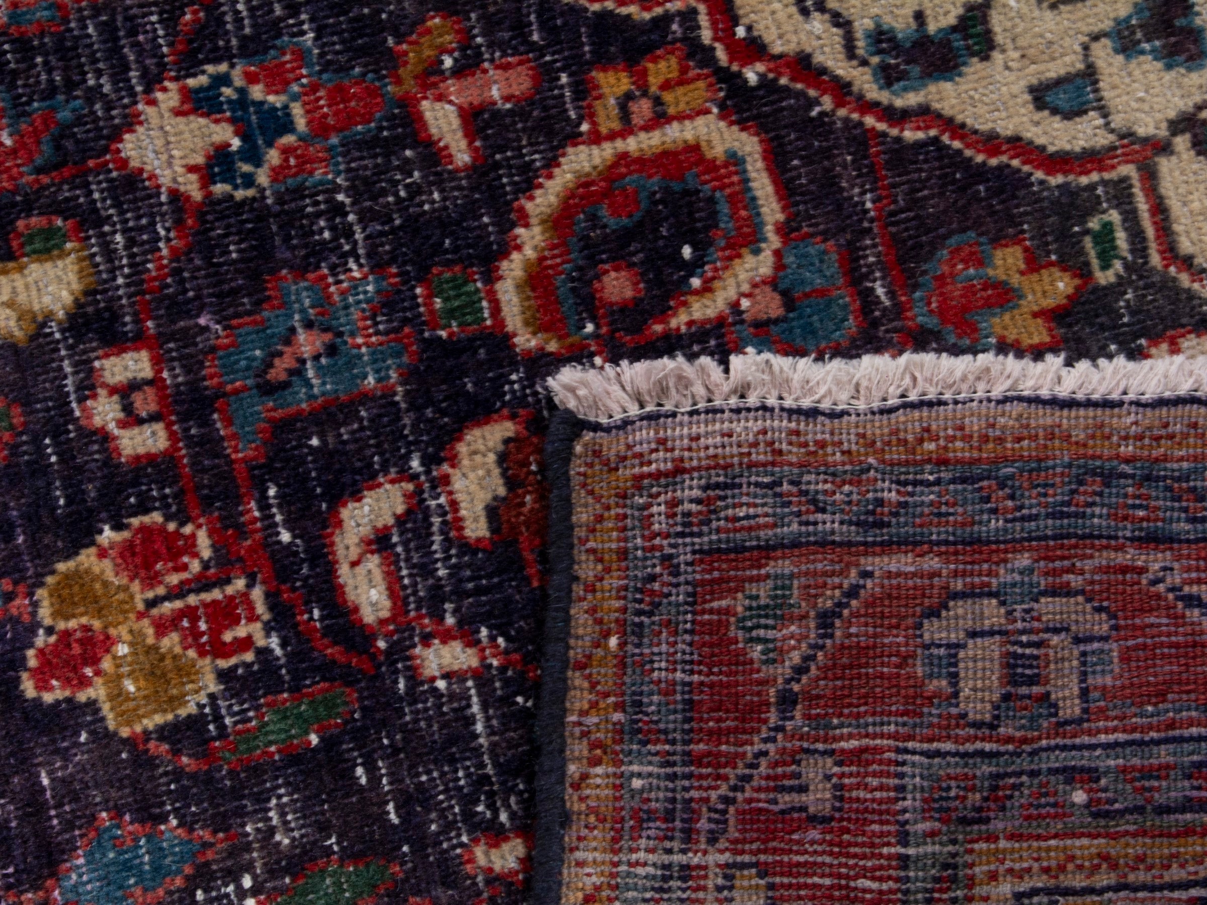 Persian Mahal runner rug in navy and burgundy, view 18 of 18