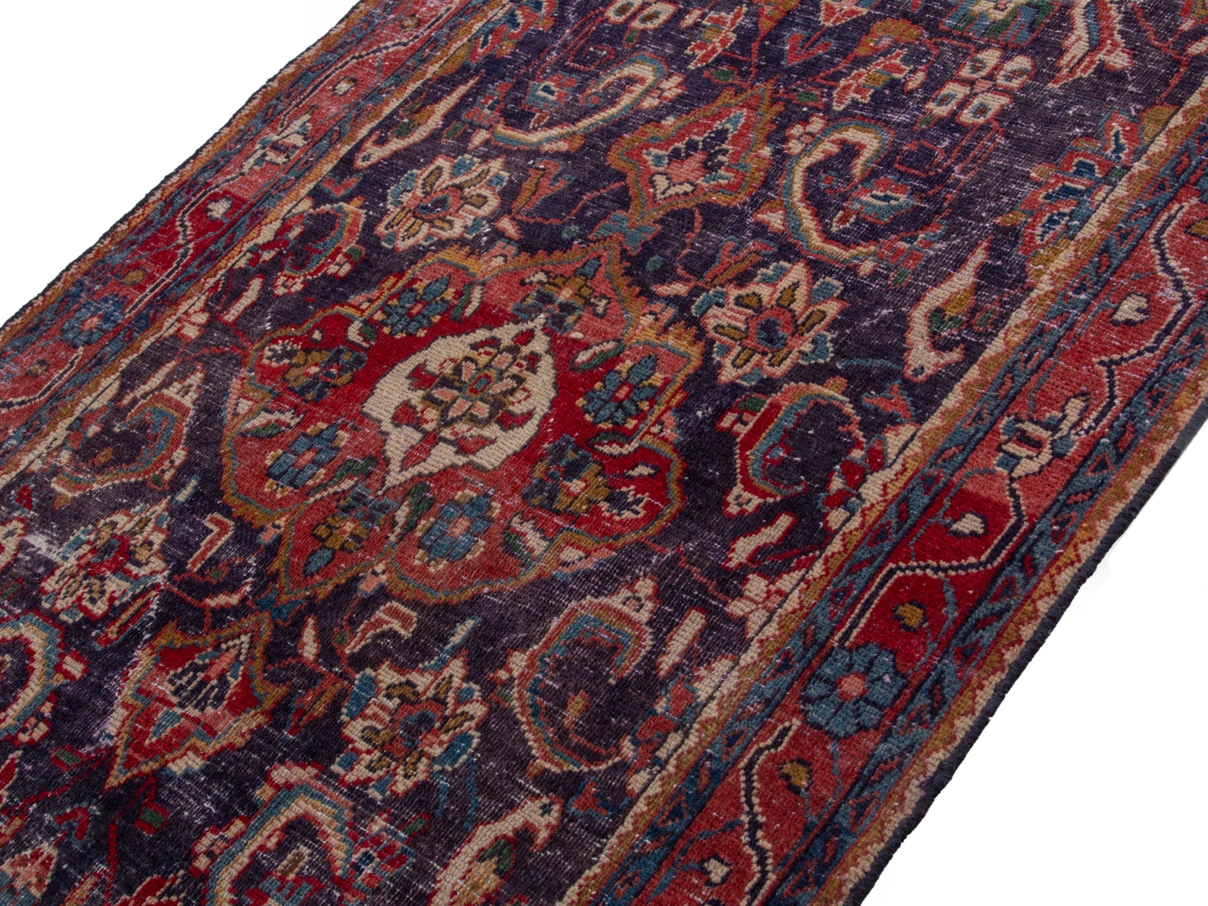 Persian Mahal runner rug in navy and burgundy, view 4 of 18