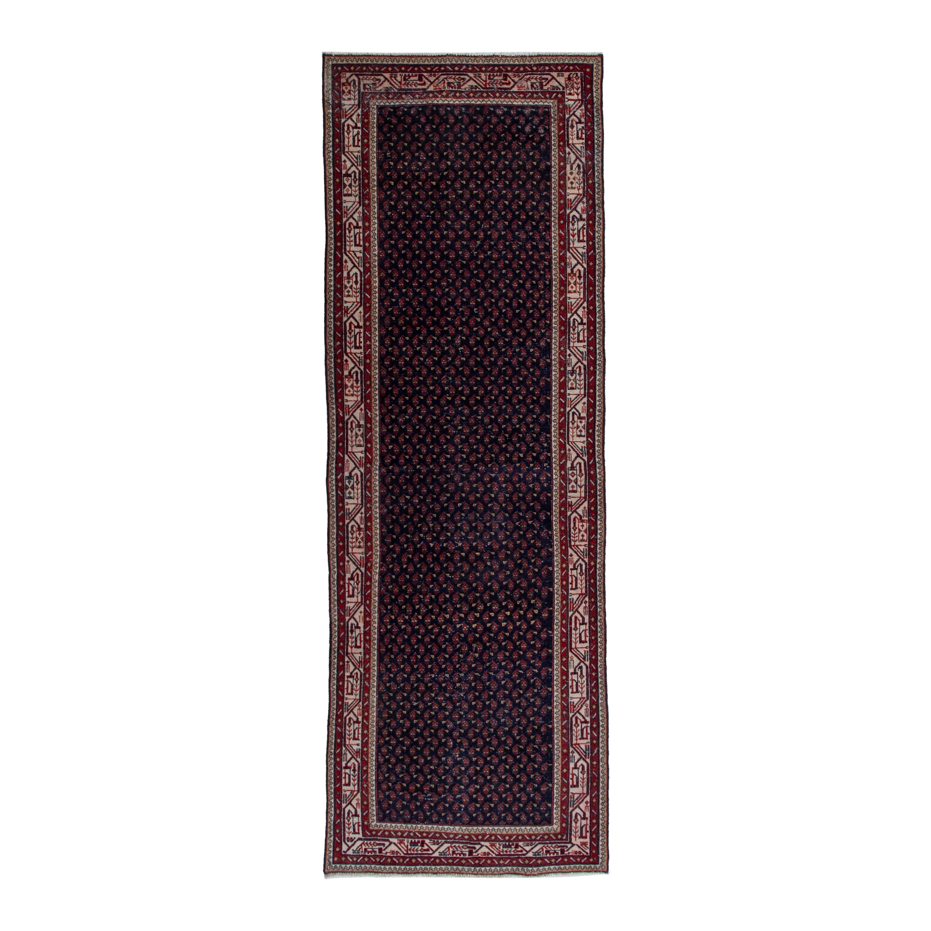Persian Arak runner rug in navy and burgundy, 3'6" x 10'3"