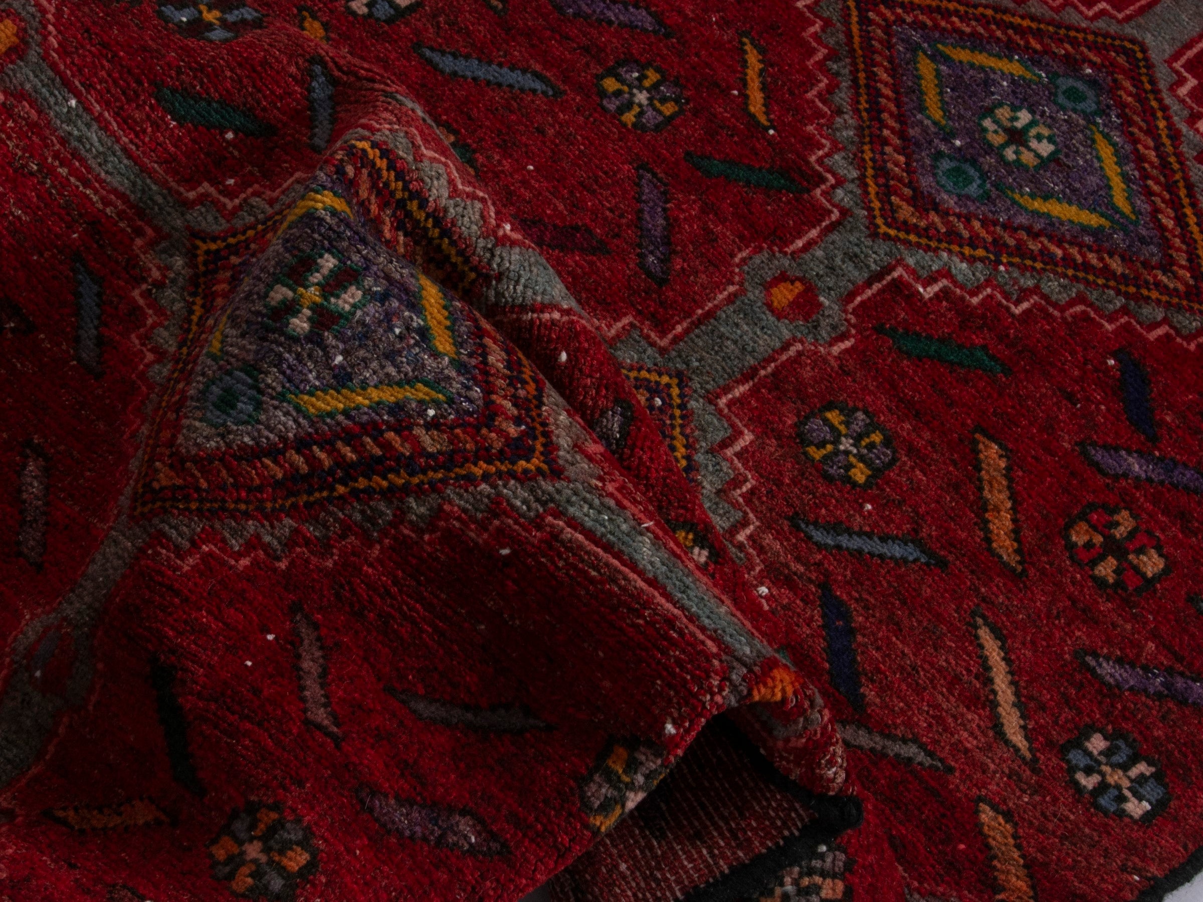 Persian Songhor runner rug in deep red and taupe, view 16 of 17