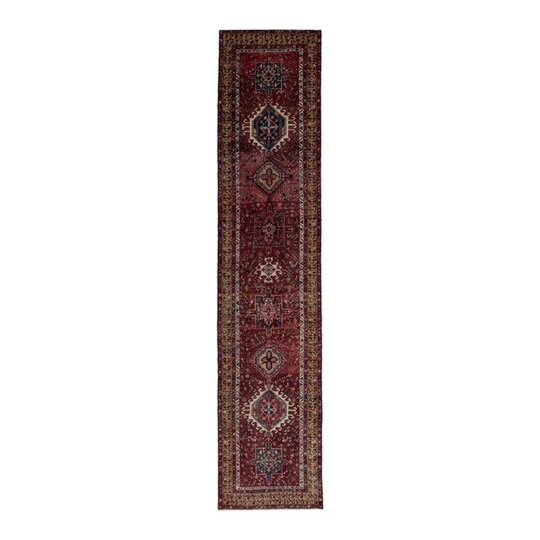 Persian Gharajeh runner rug in burgundy and rust, 3'1" x 13'11"