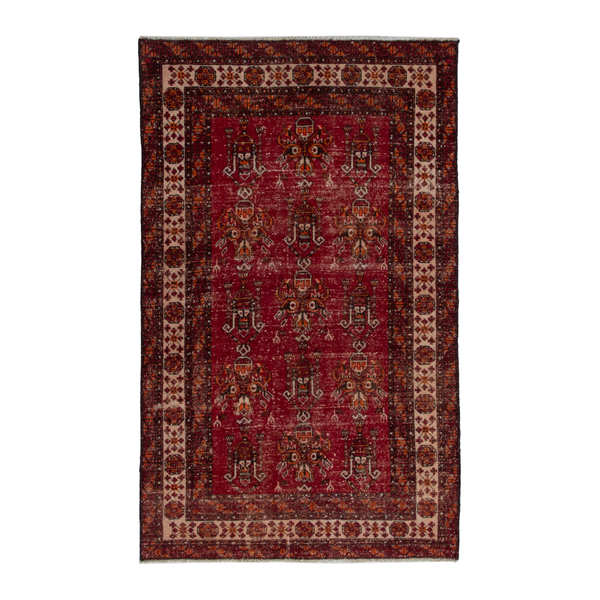 Persian Ferdos area rug in deep red and muted pink, 4'1" x 6'8"