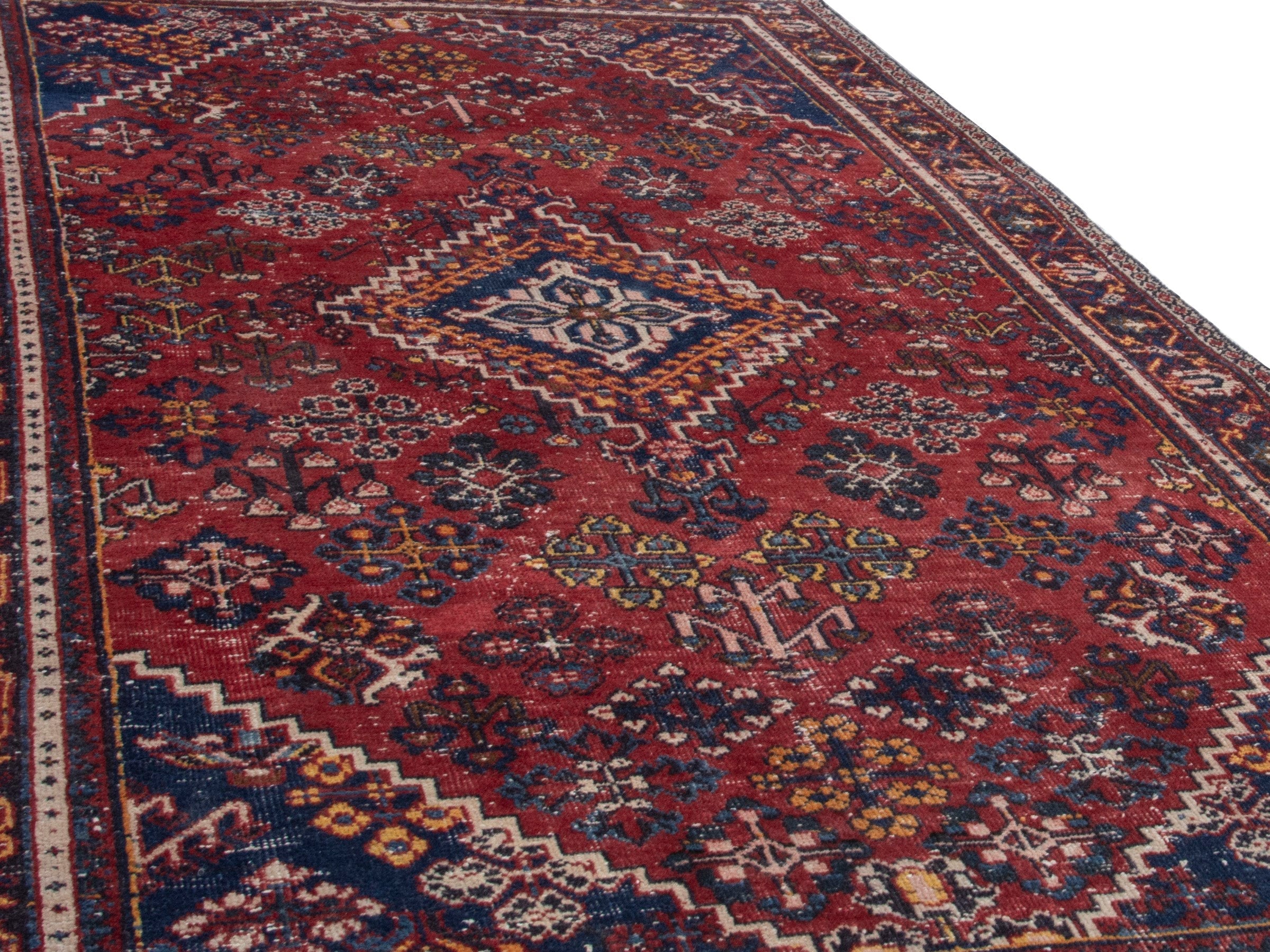 Persian Joshaghan area rug in burgundy and navy, view 9 of 18