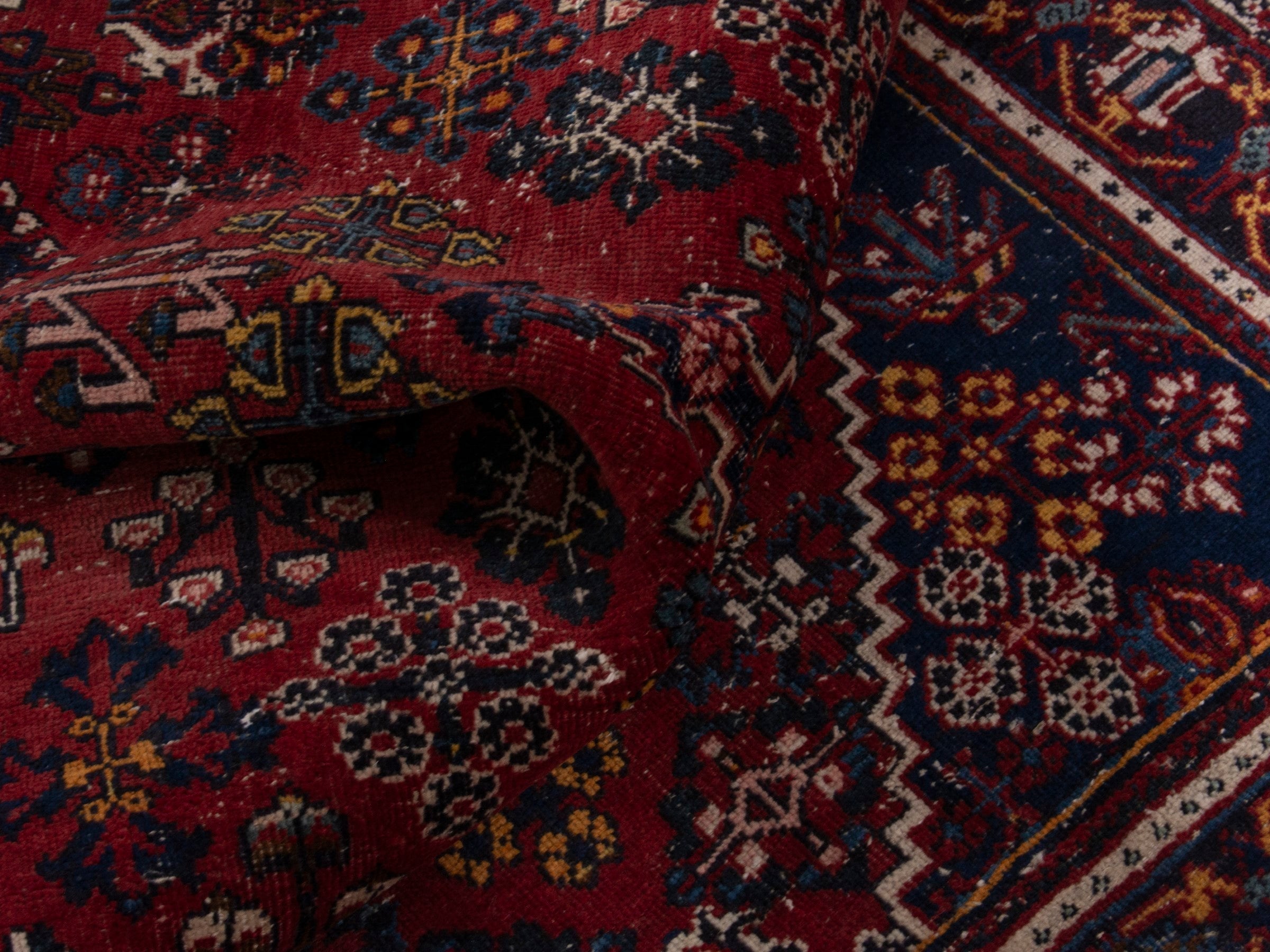 Persian Joshaghan area rug in burgundy and navy, view 16 of 18