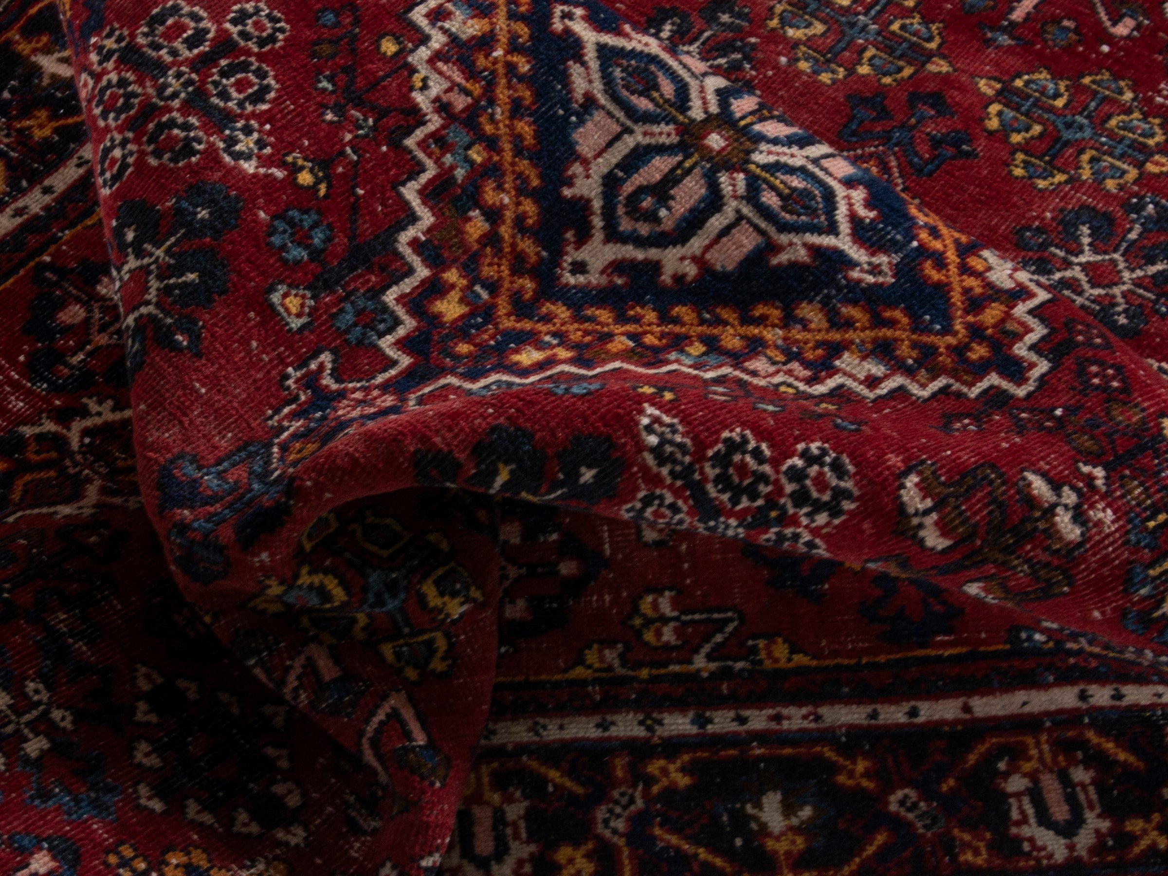 Persian Joshaghan area rug in burgundy and navy, view 17 of 18