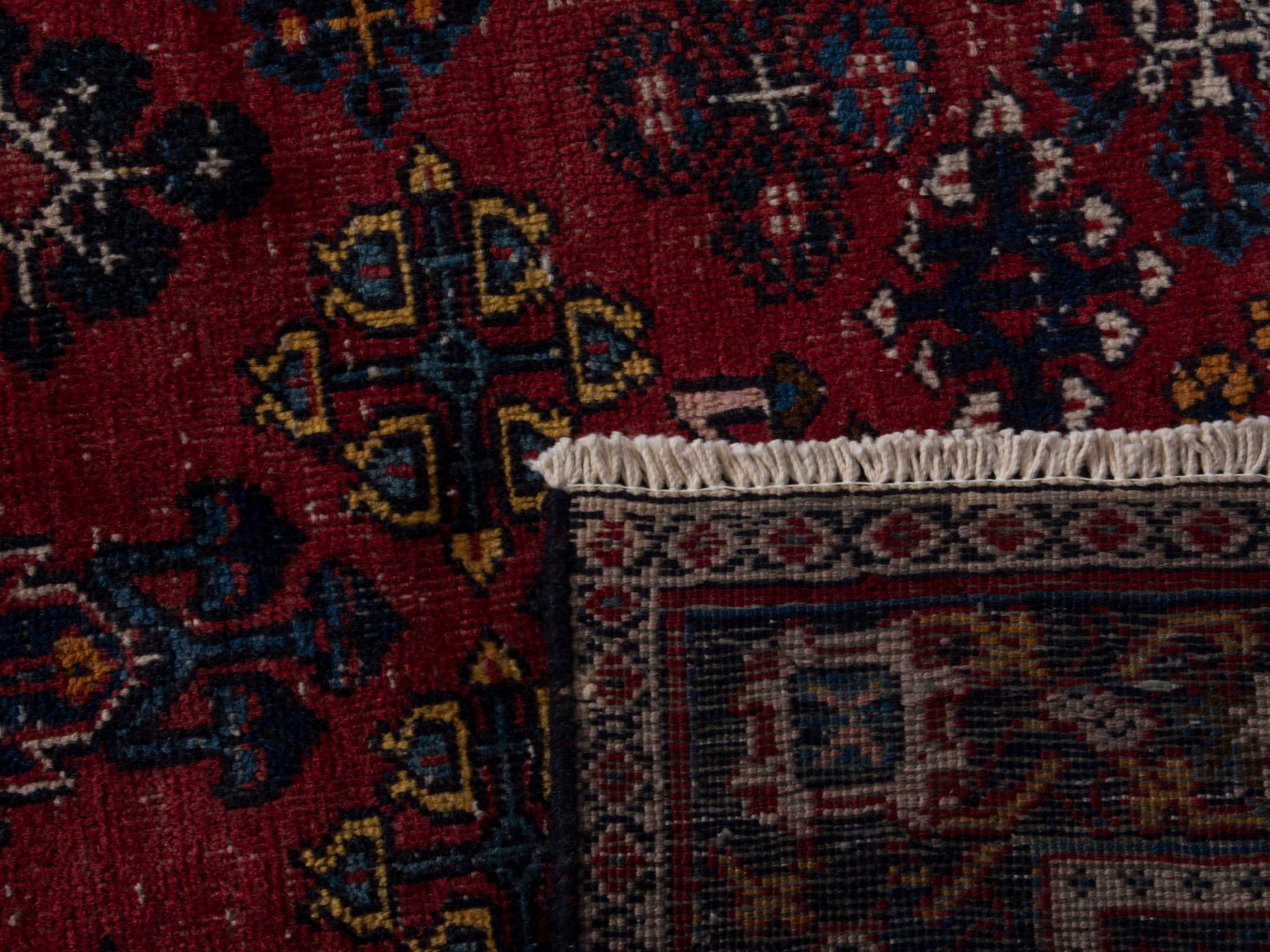 Persian Joshaghan area rug in burgundy and navy, view 18 of 18