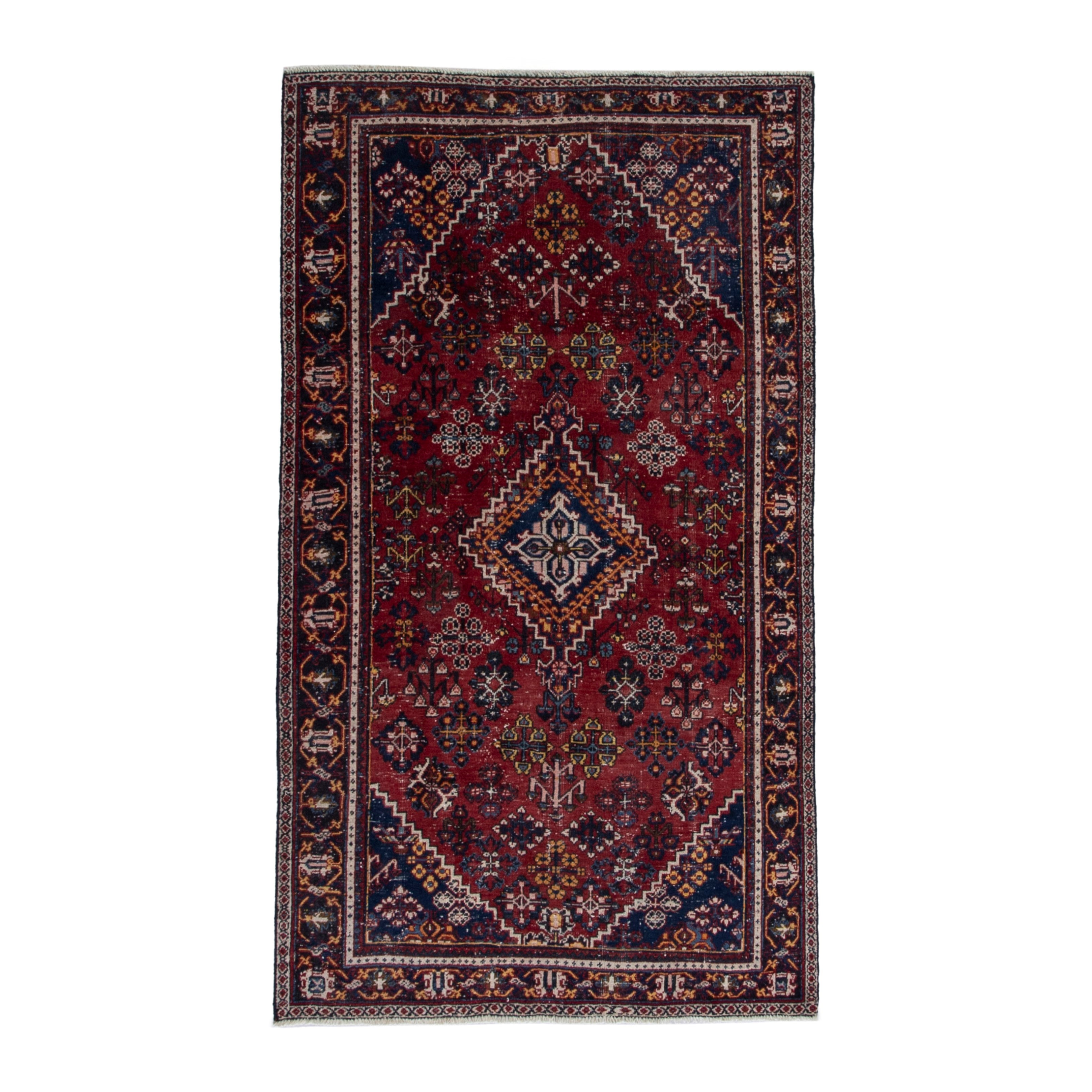 Persian Joshaghan area rug in burgundy and navy, 3'9" x 6'10"