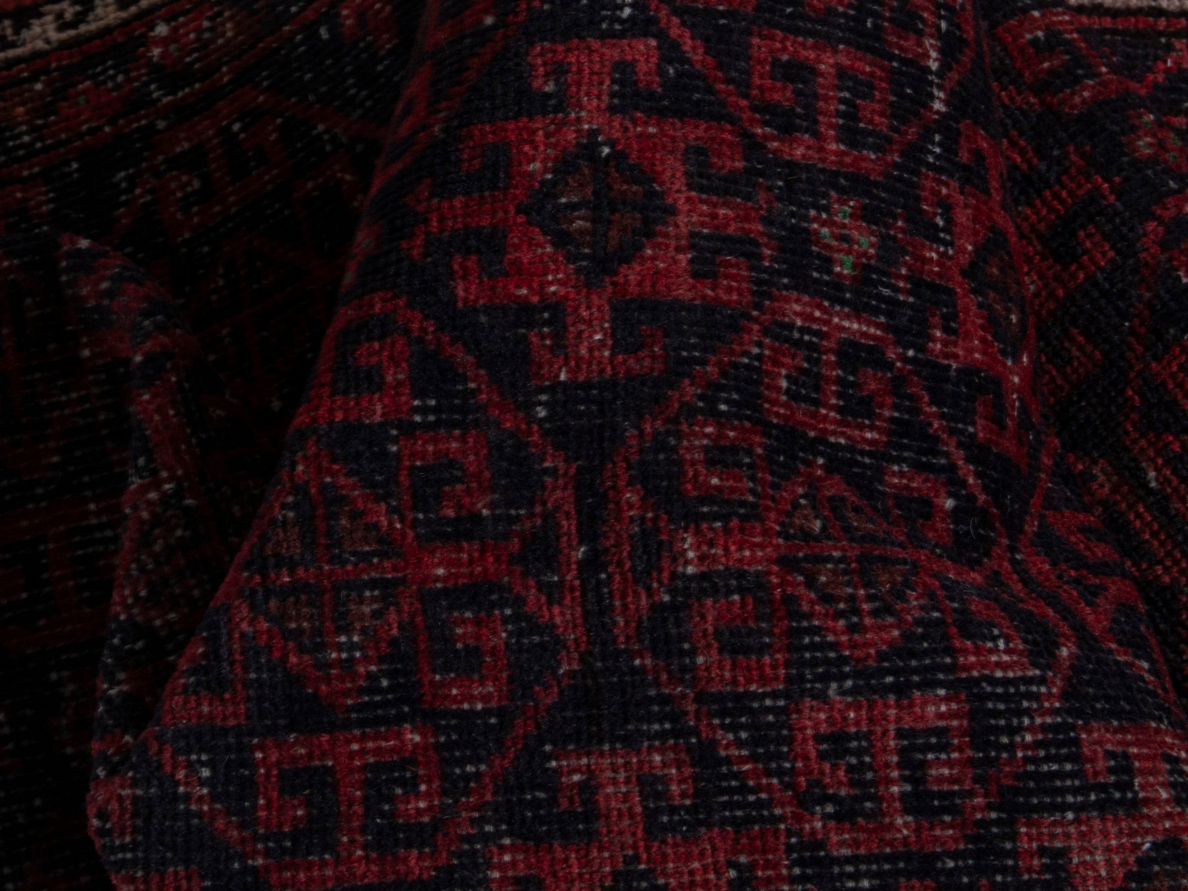 Persian Baluch runner rug in burgundy and deep red, view 16 of 18
