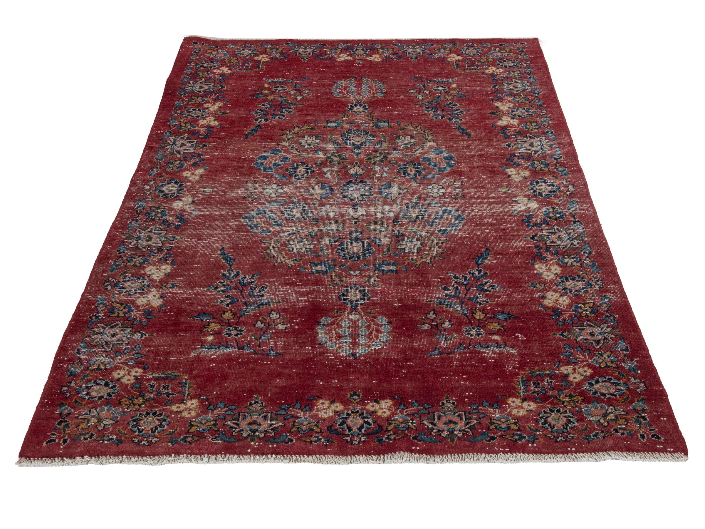 Persian Kashan accent rug in burgundy and faded red, view 2 of 17
