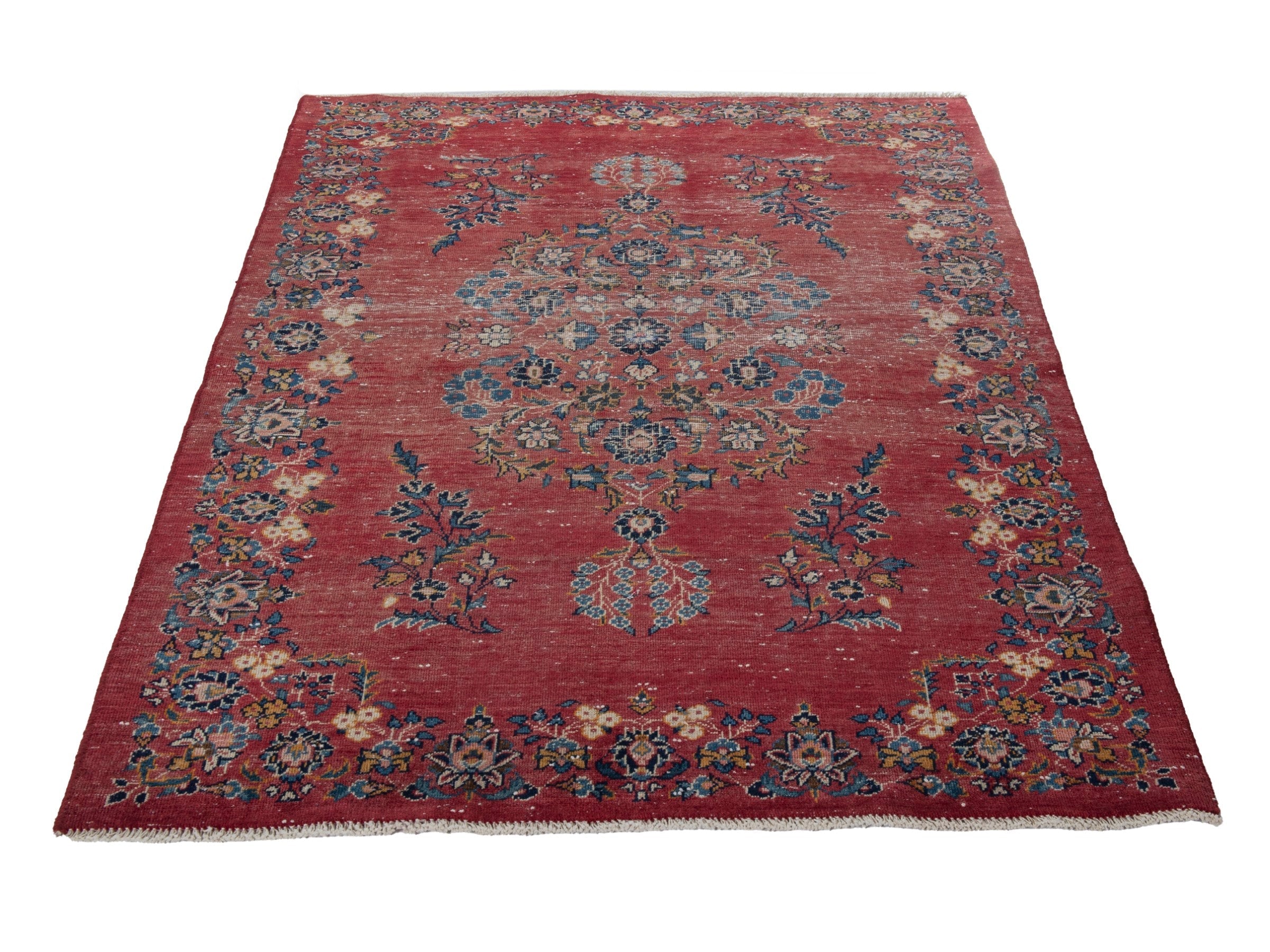 Persian Kashan accent rug in burgundy and faded red, view 3 of 17