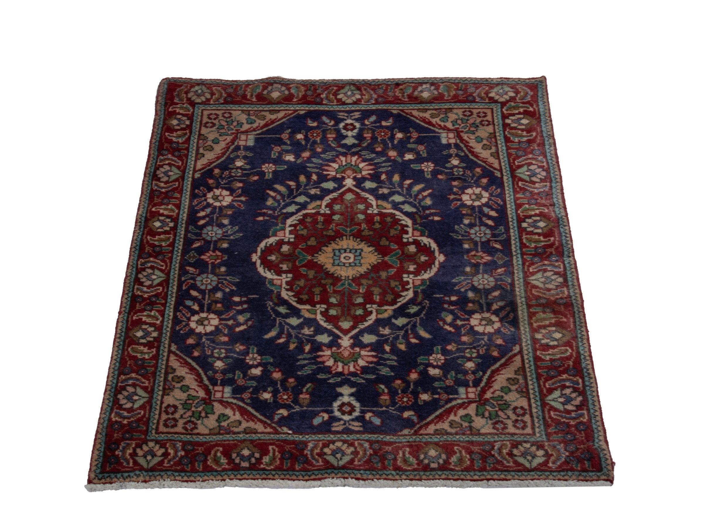 Persian Tabriz accent rug in navy and deep red, view 2 of 18