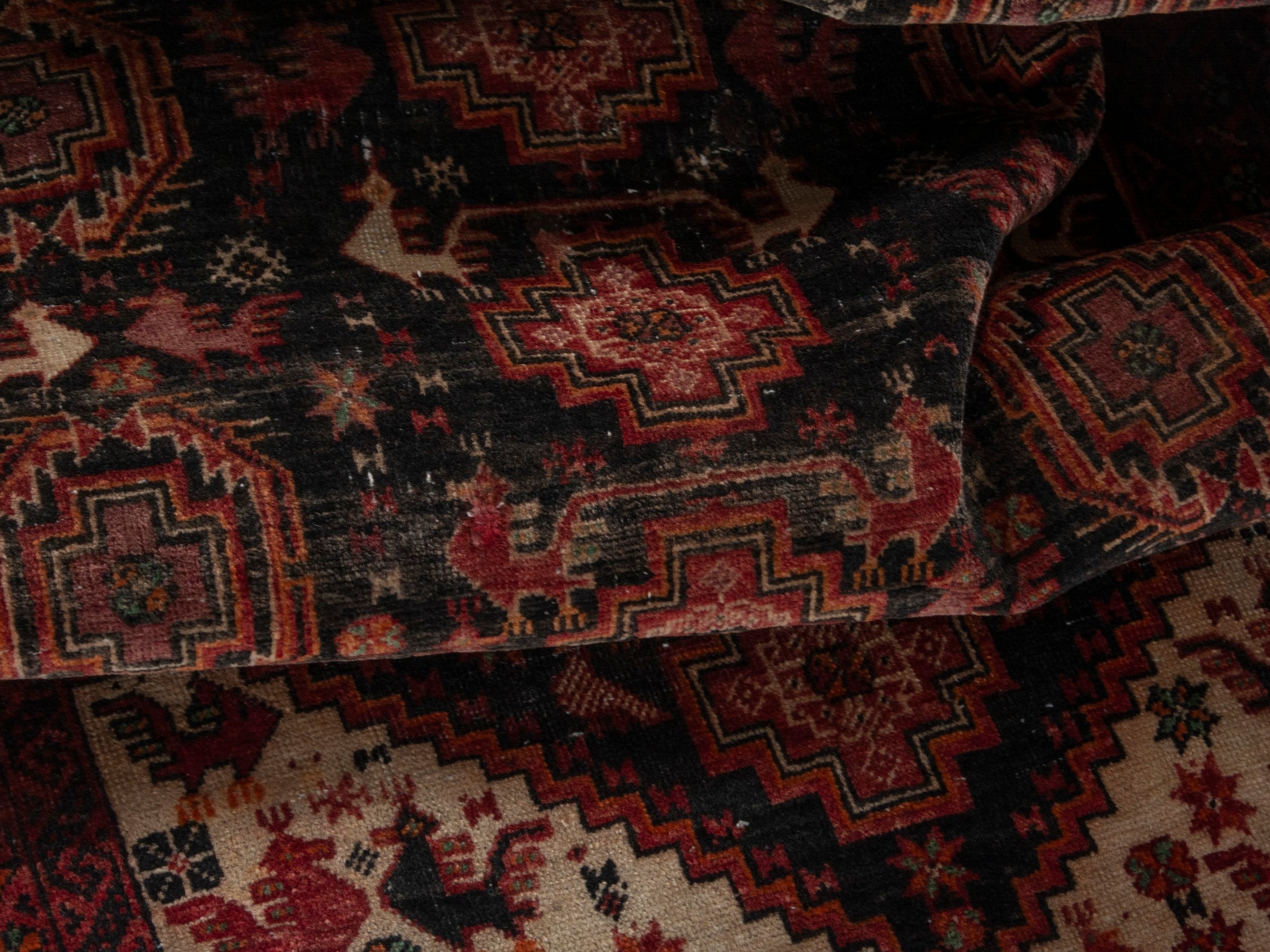 Persian Baluch accent rug in dark blue and burgundy, view 13 of 16