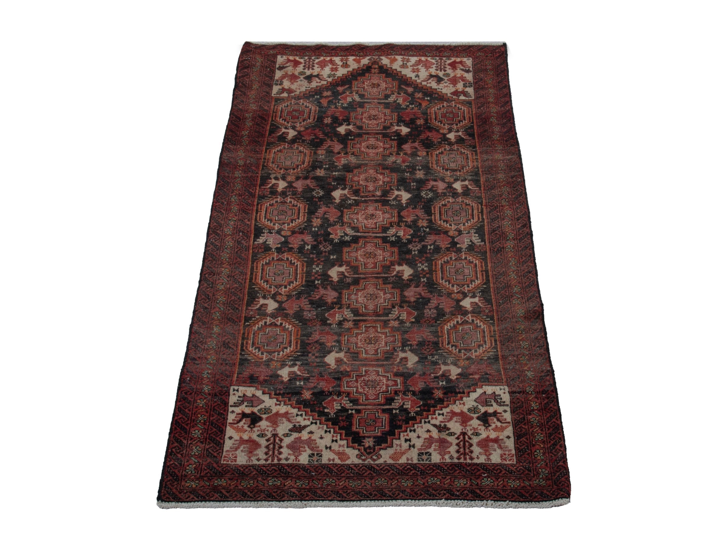 Persian Baluch accent rug in dark blue and burgundy, view 2 of 16