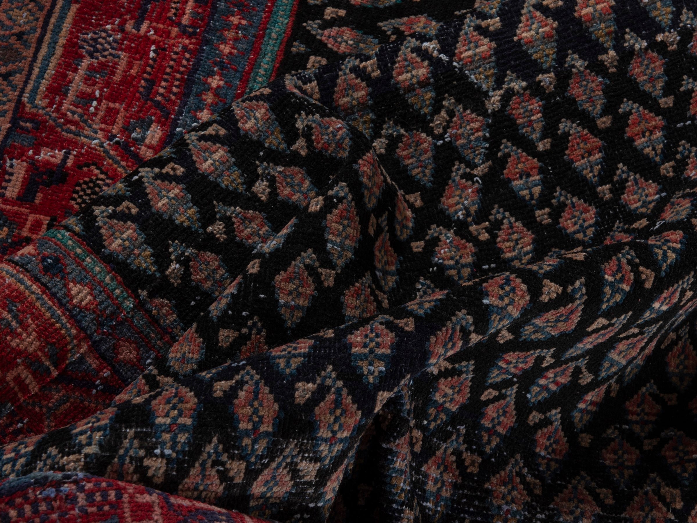 Persian Botteh accent rug in charcoal and faded red, view 14 of 16
