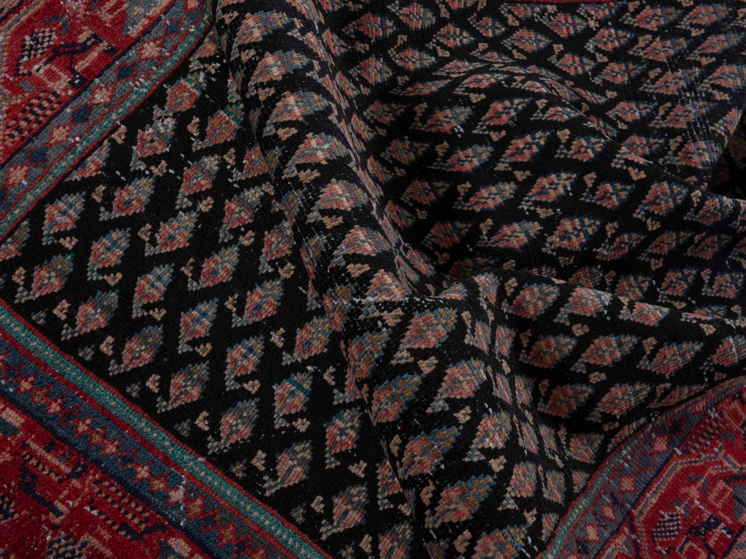 Persian Botteh accent rug in charcoal and faded red, view 15 of 16