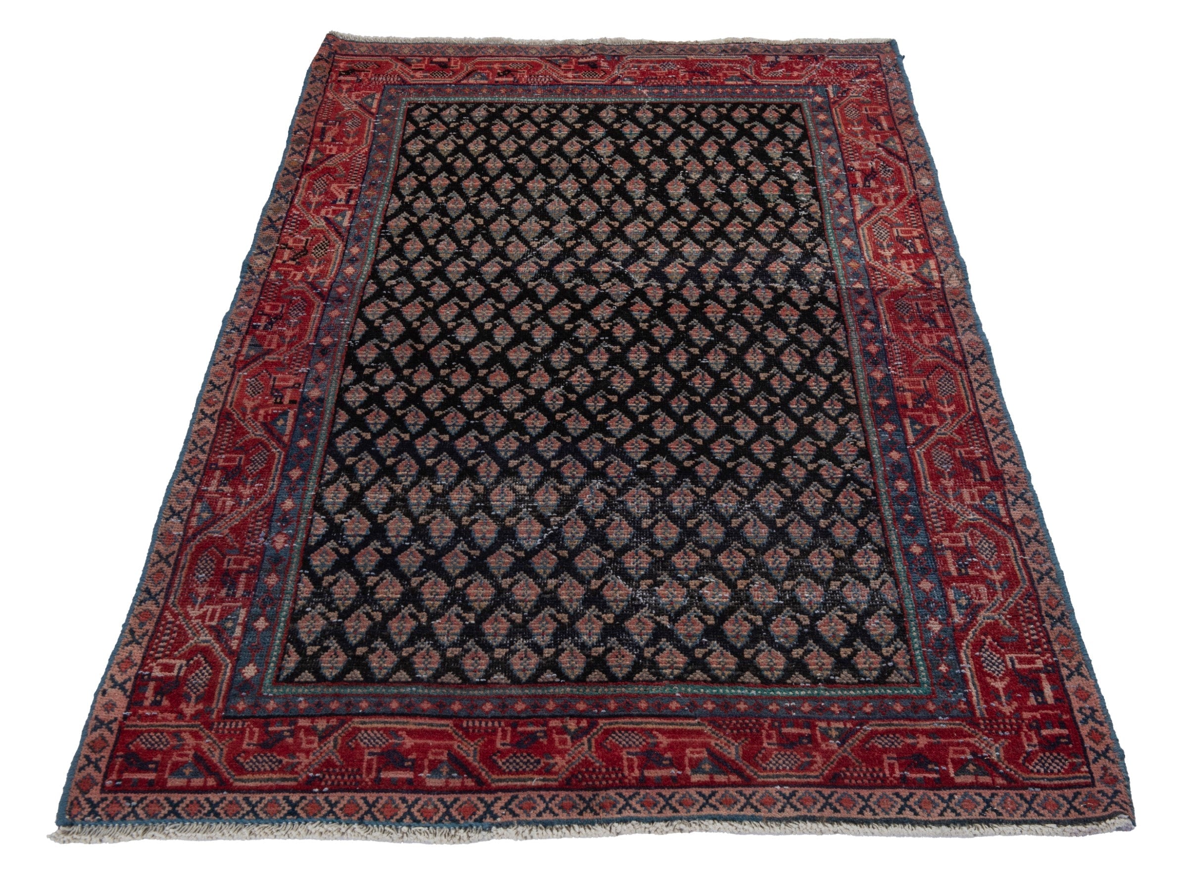Persian Botteh accent rug in charcoal and faded red, view 2 of 16