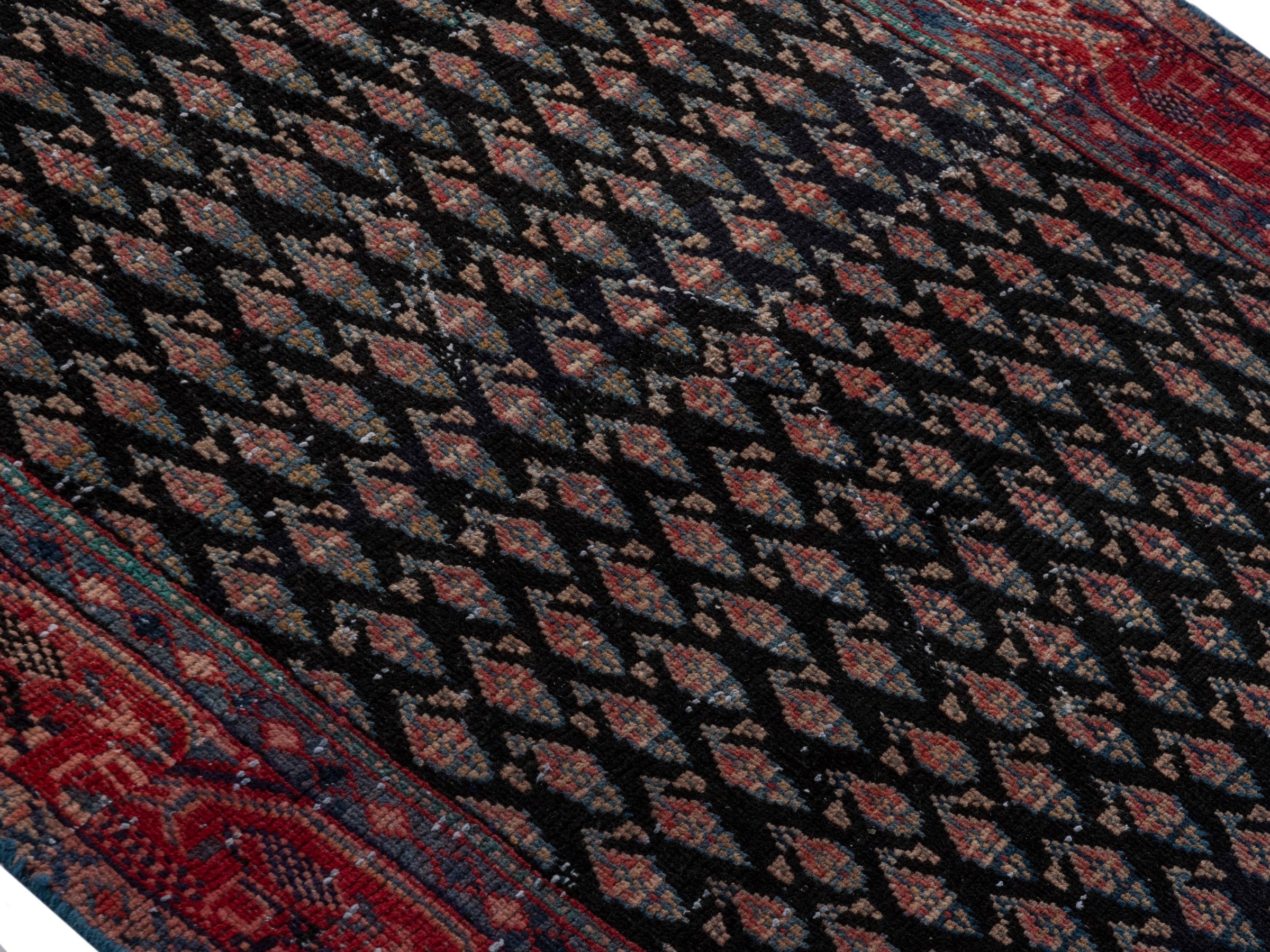 Persian Botteh accent rug in charcoal and faded red, view 3 of 16