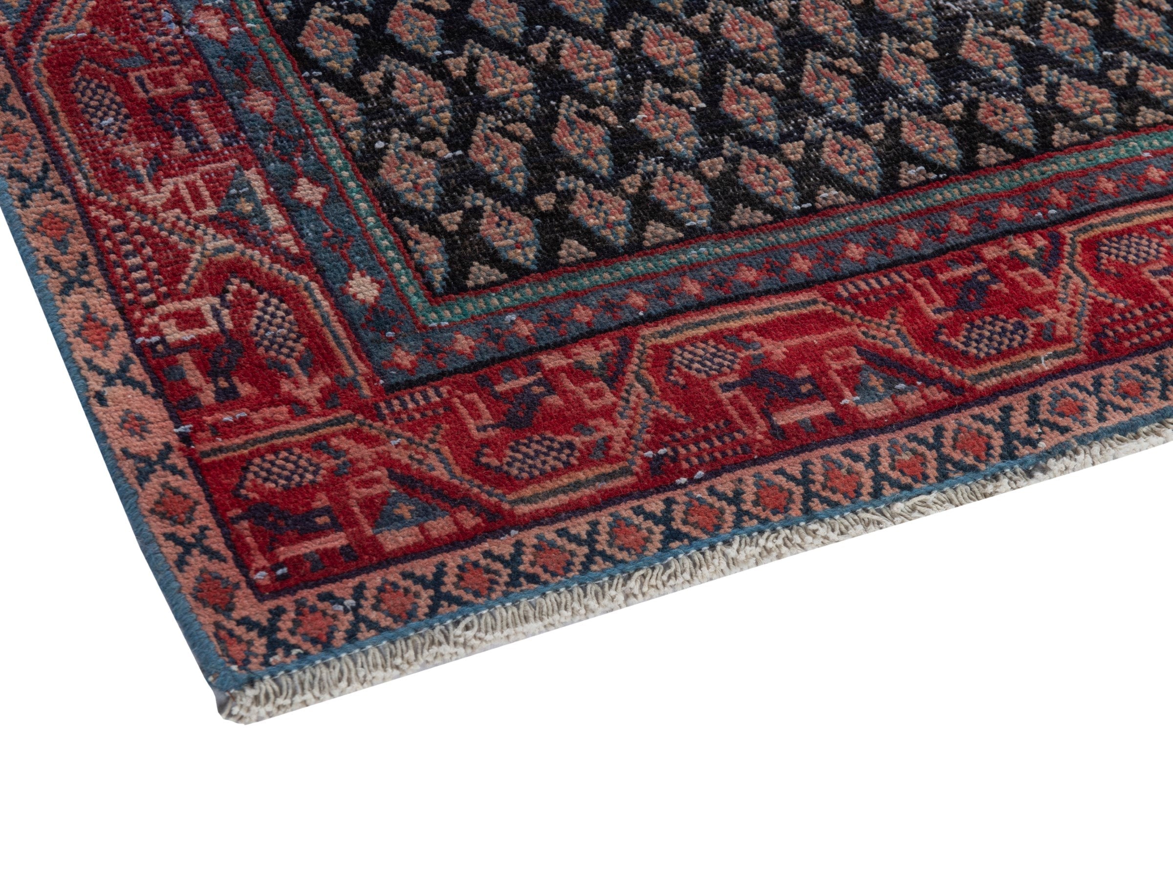 Persian Botteh accent rug in charcoal and faded red, view 5 of 16