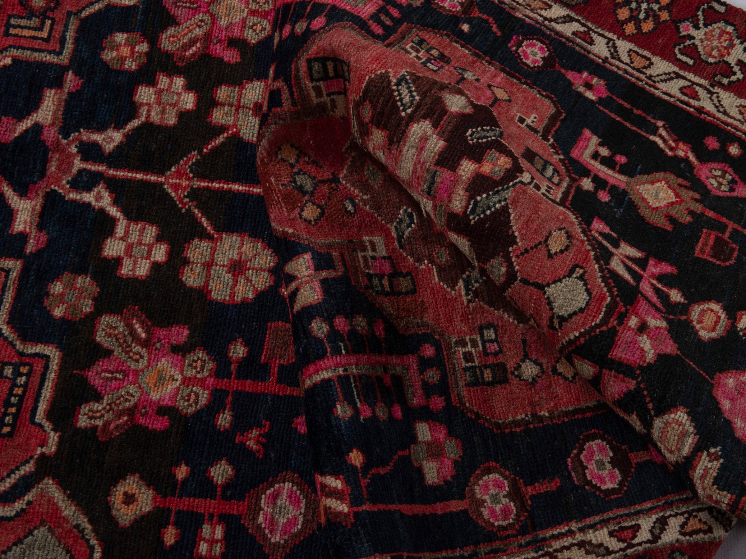 Persian Borujerd accent rug in navy and burgundy, view 16 of 17