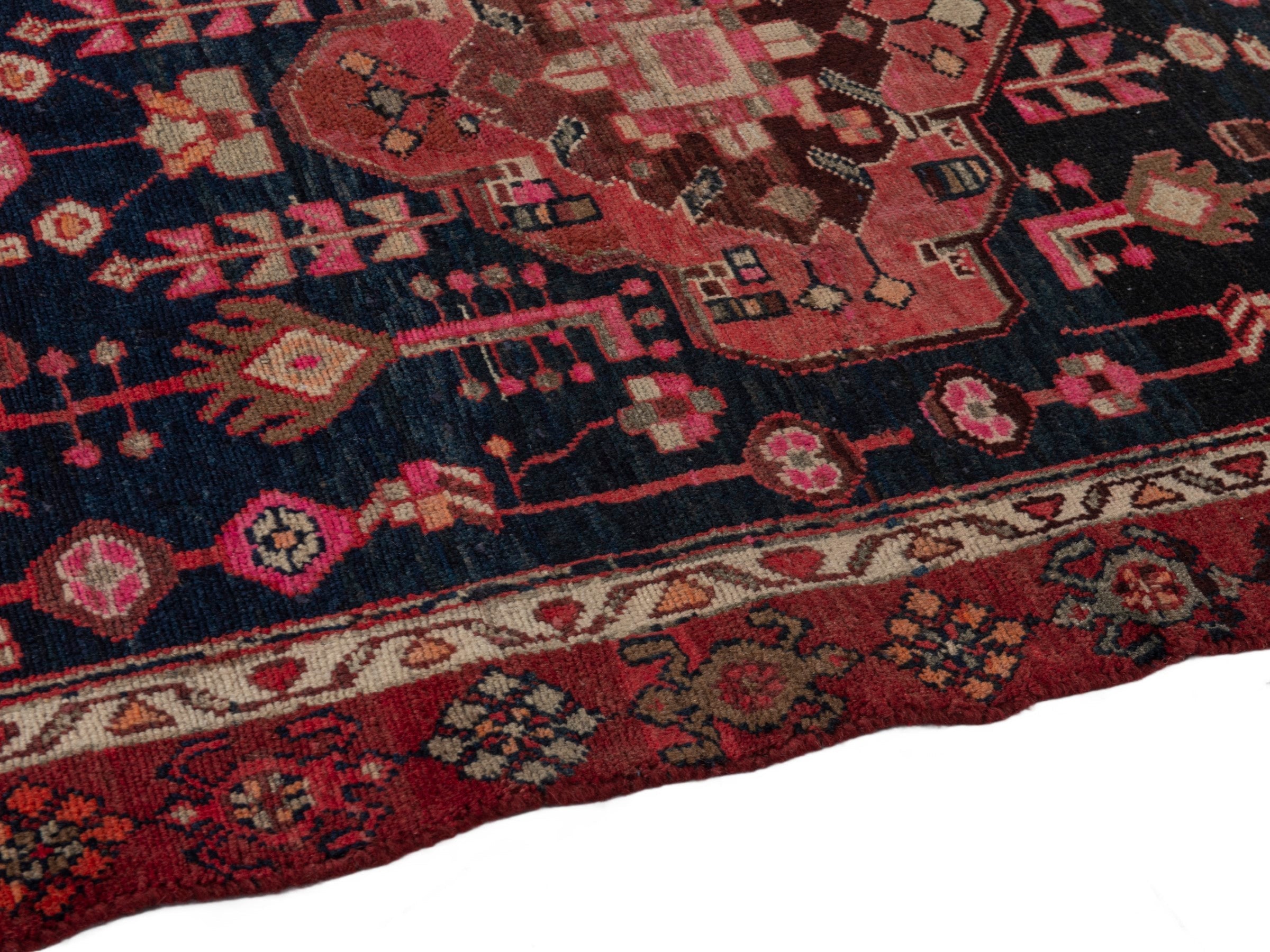 Persian Borujerd accent rug in navy and burgundy, view 7 of 17