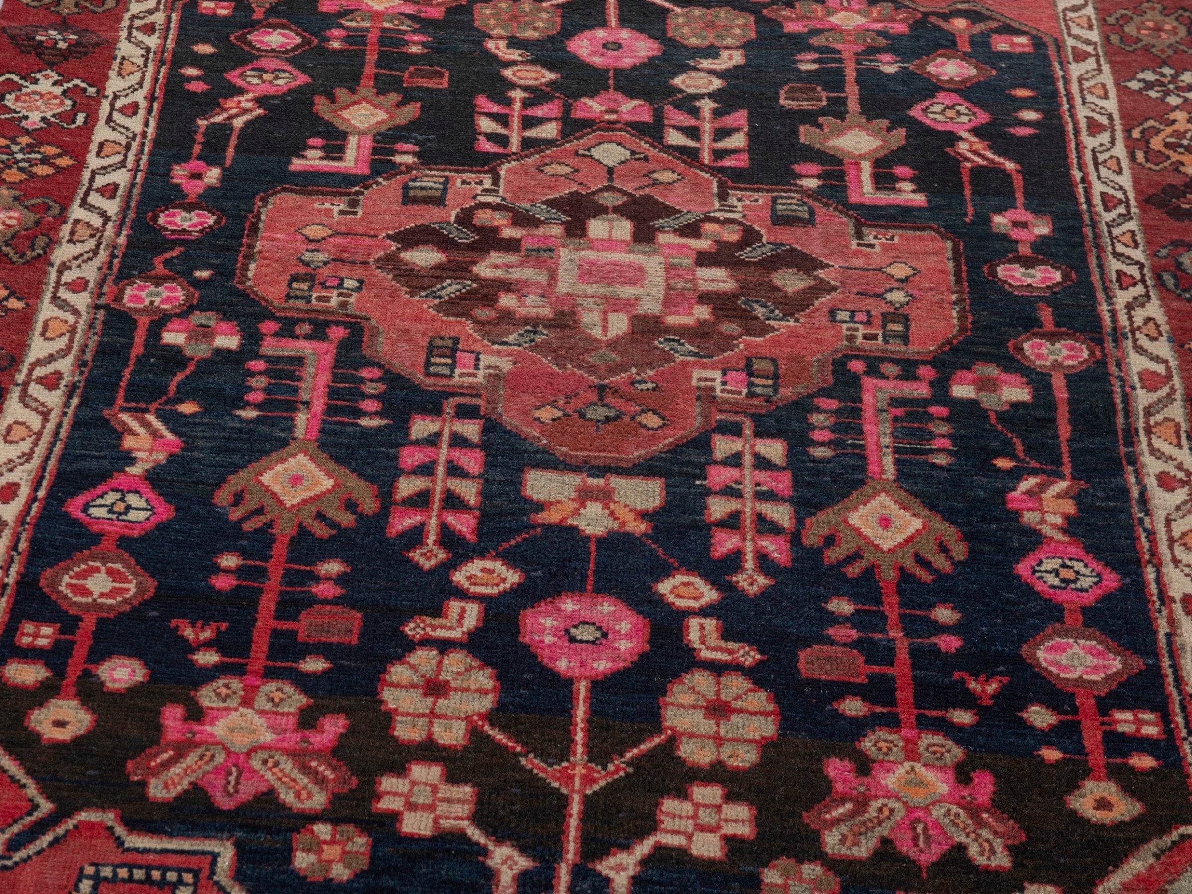 Persian Borujerd accent rug in navy and burgundy, view 8 of 17