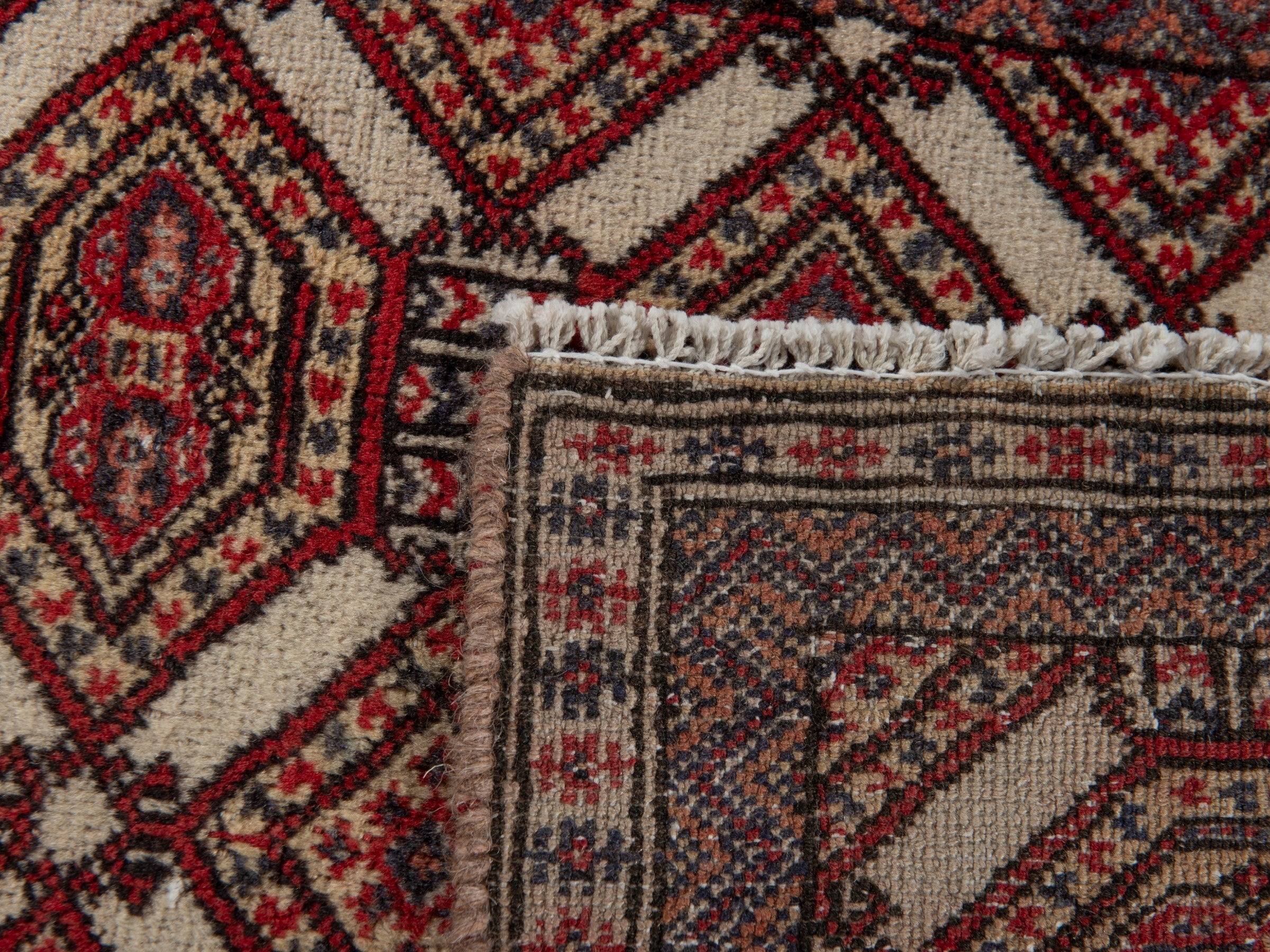 Persian Torkaman accent rug in cream and burgundy, view 19 of 19