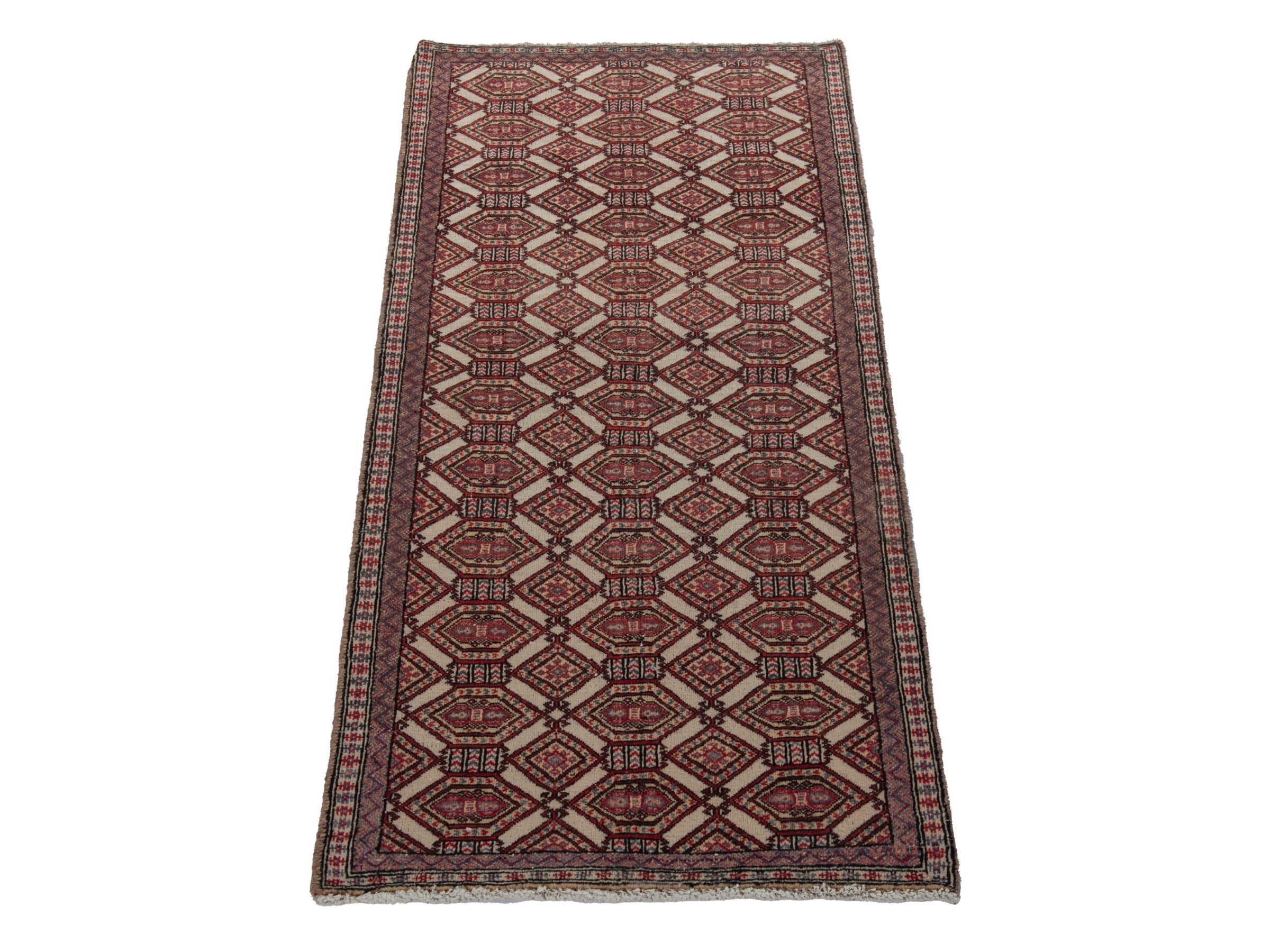 Persian Torkaman accent rug in cream and burgundy, view 2 of 19