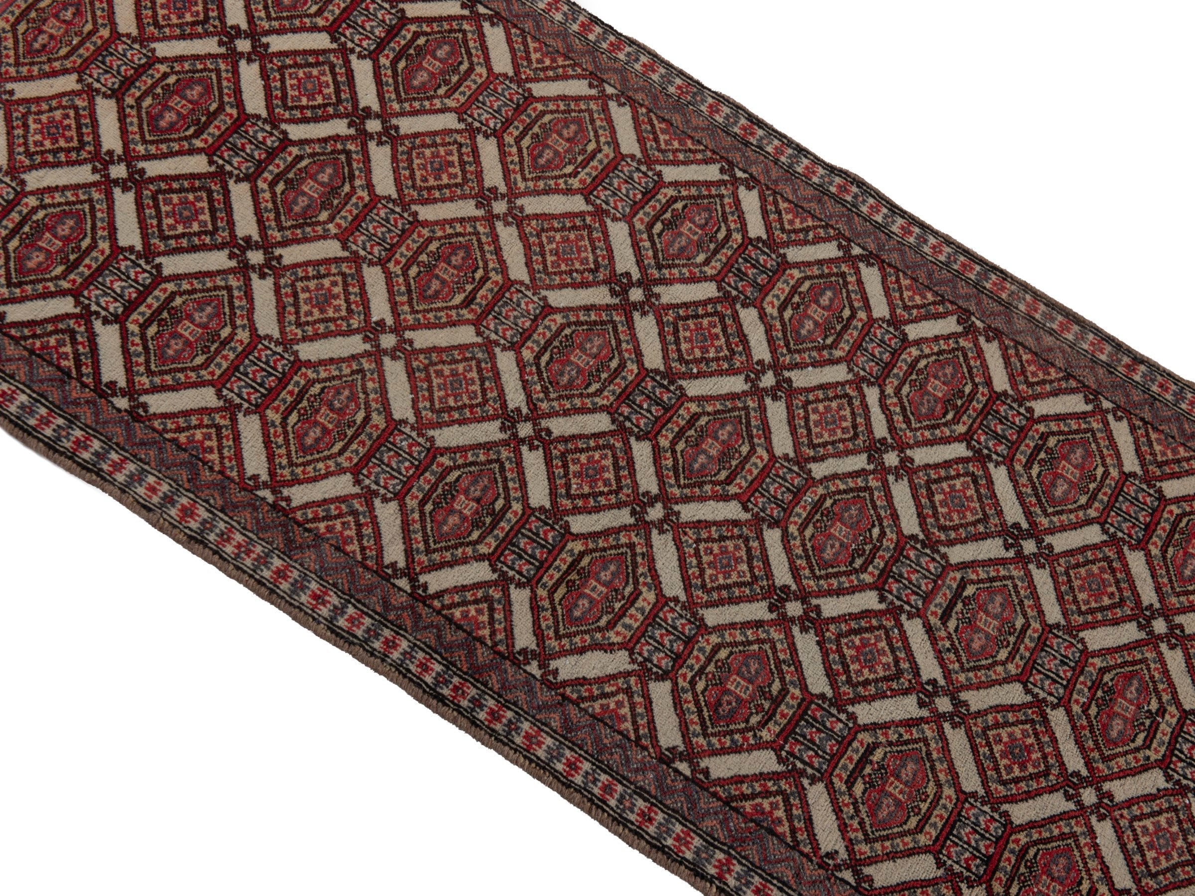 Persian Torkaman accent rug in cream and burgundy, view 3 of 19