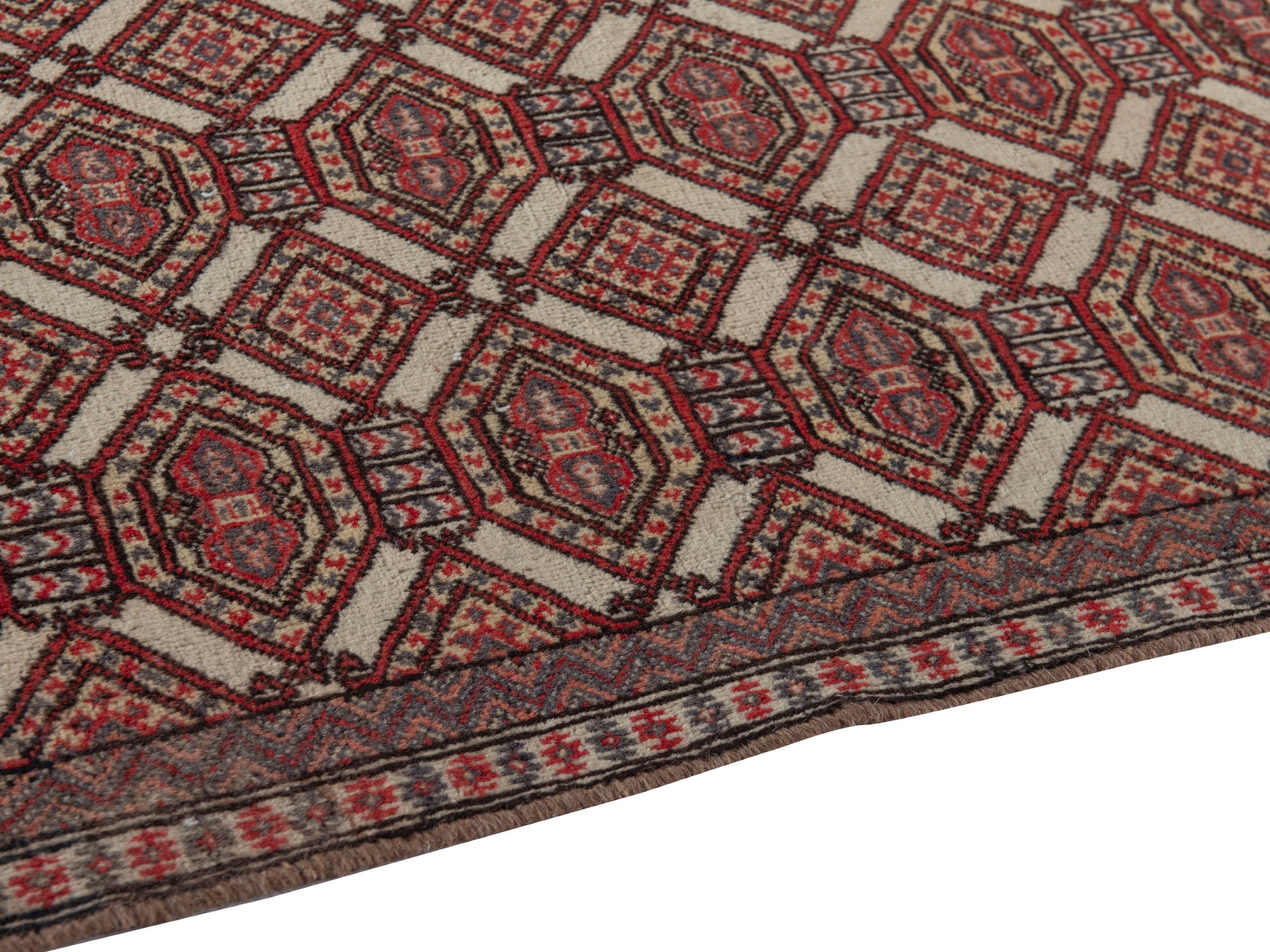 Persian Torkaman accent rug in cream and burgundy, view 7 of 19