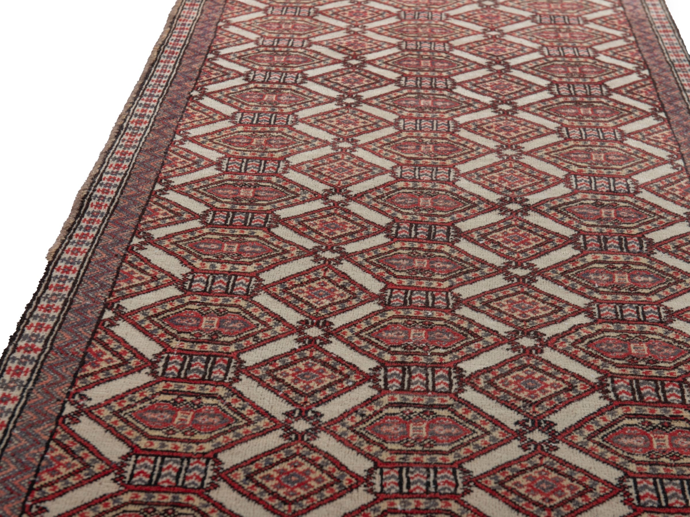 Persian Torkaman accent rug in cream and burgundy, view 8 of 19