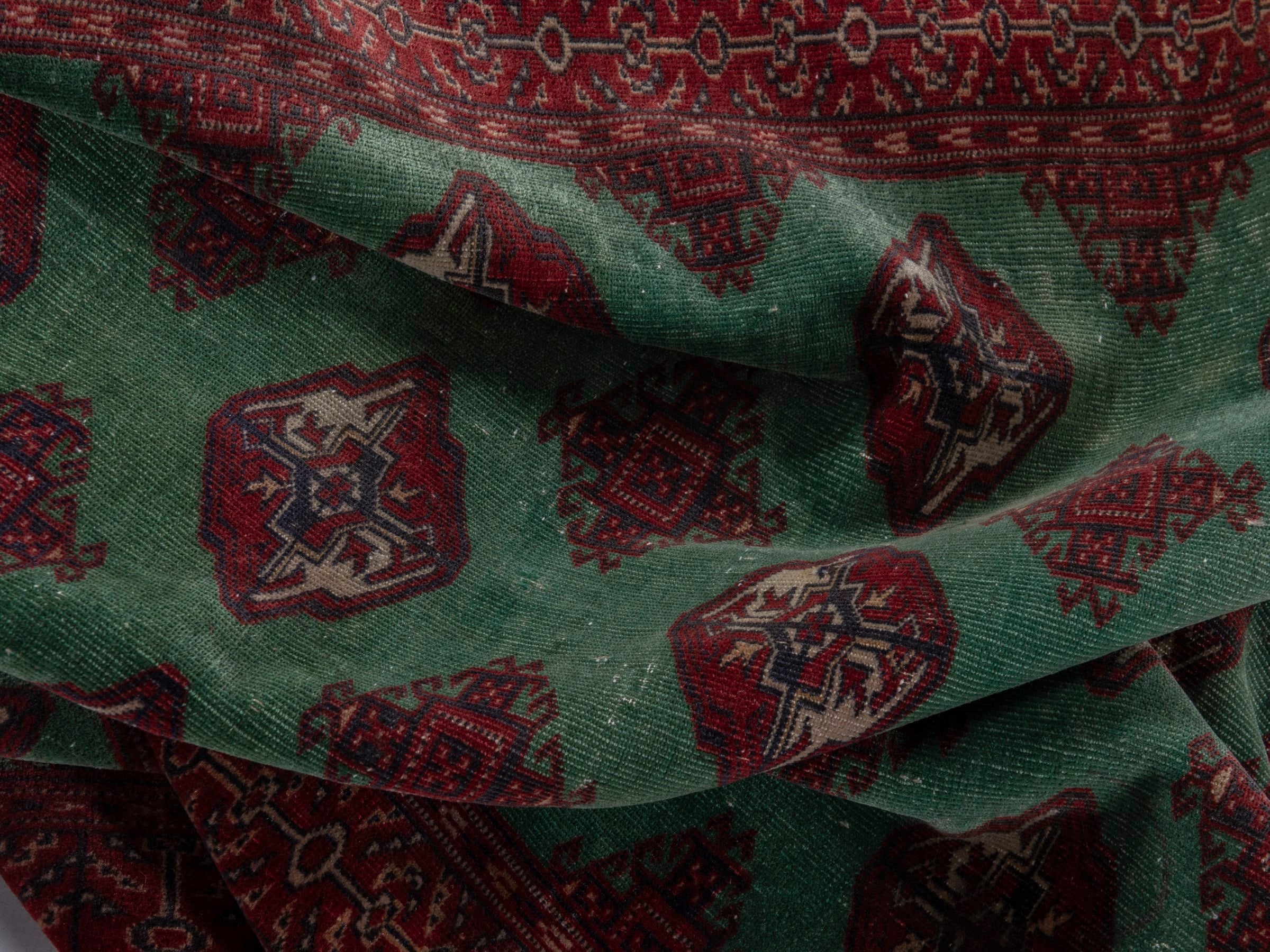 Persian Torkaman accent rug in burgundy and teal, view 16 of 17
