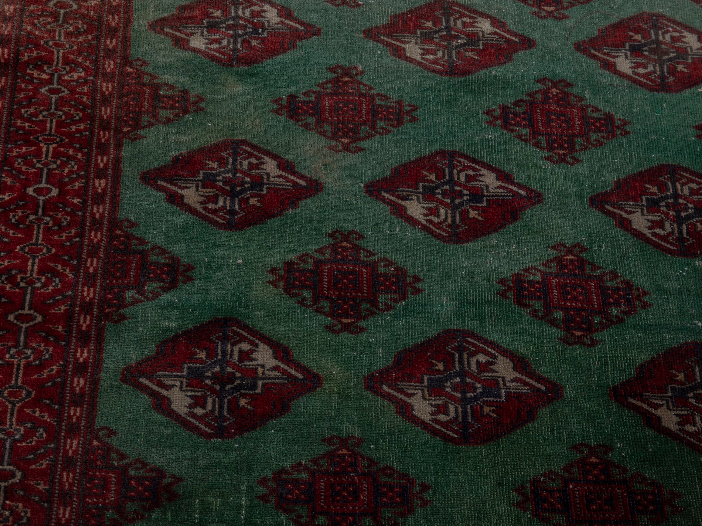 Persian Torkaman accent rug in burgundy and teal, view 6 of 17