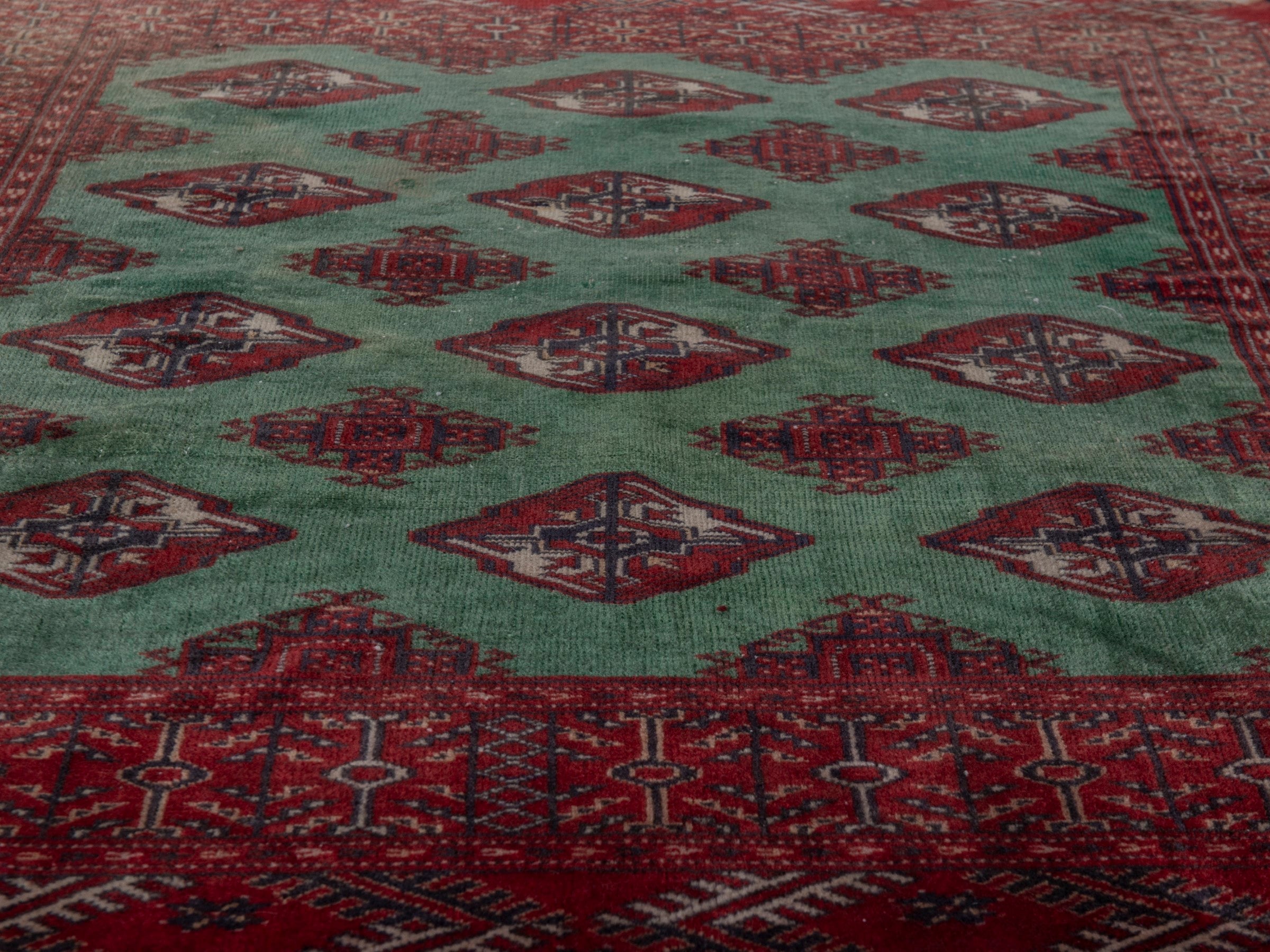 Persian Torkaman accent rug in burgundy and teal, view 9 of 17
