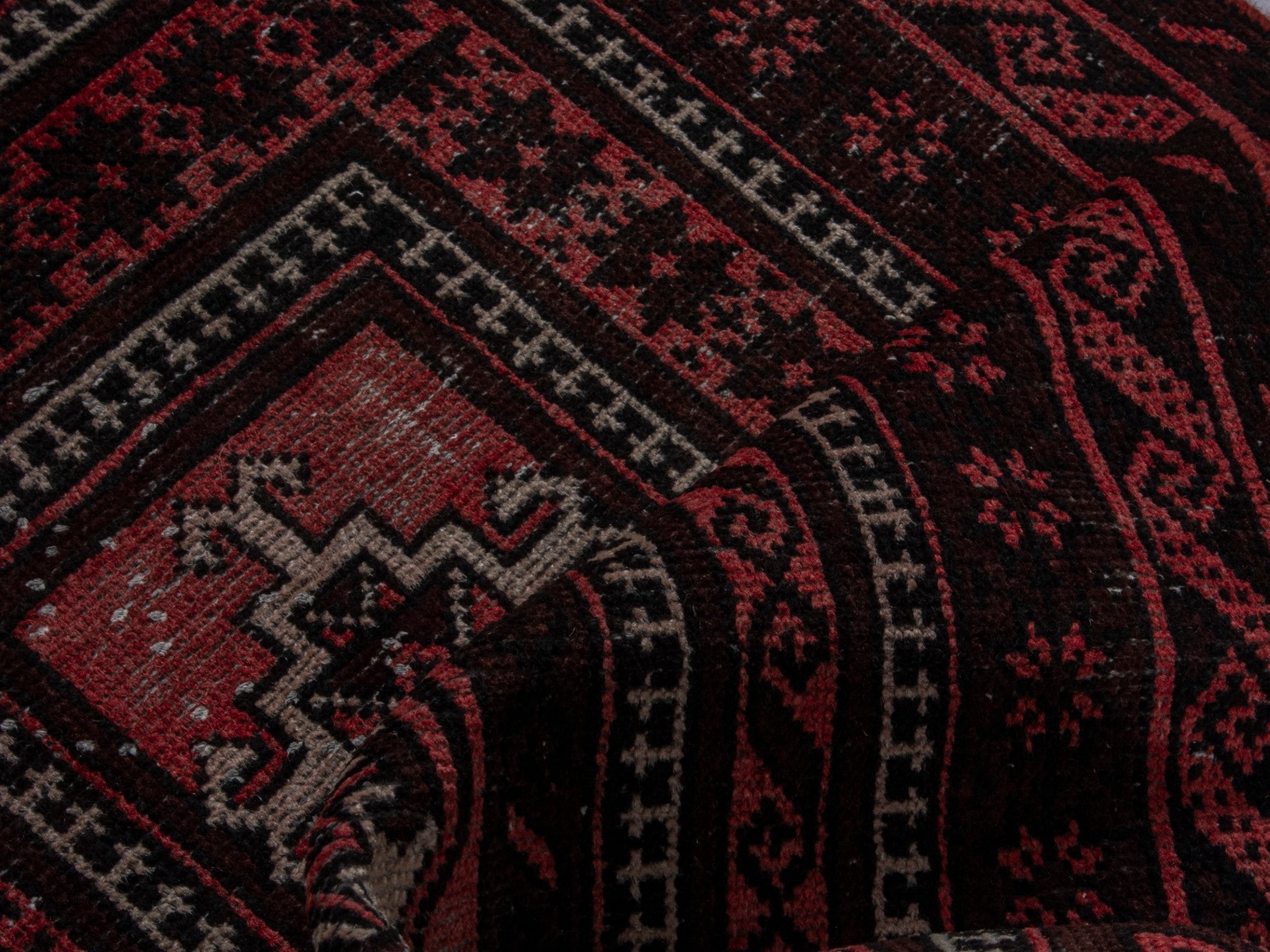 Persian Baluch runner rug in burgundy and deep red, view 13 of 16