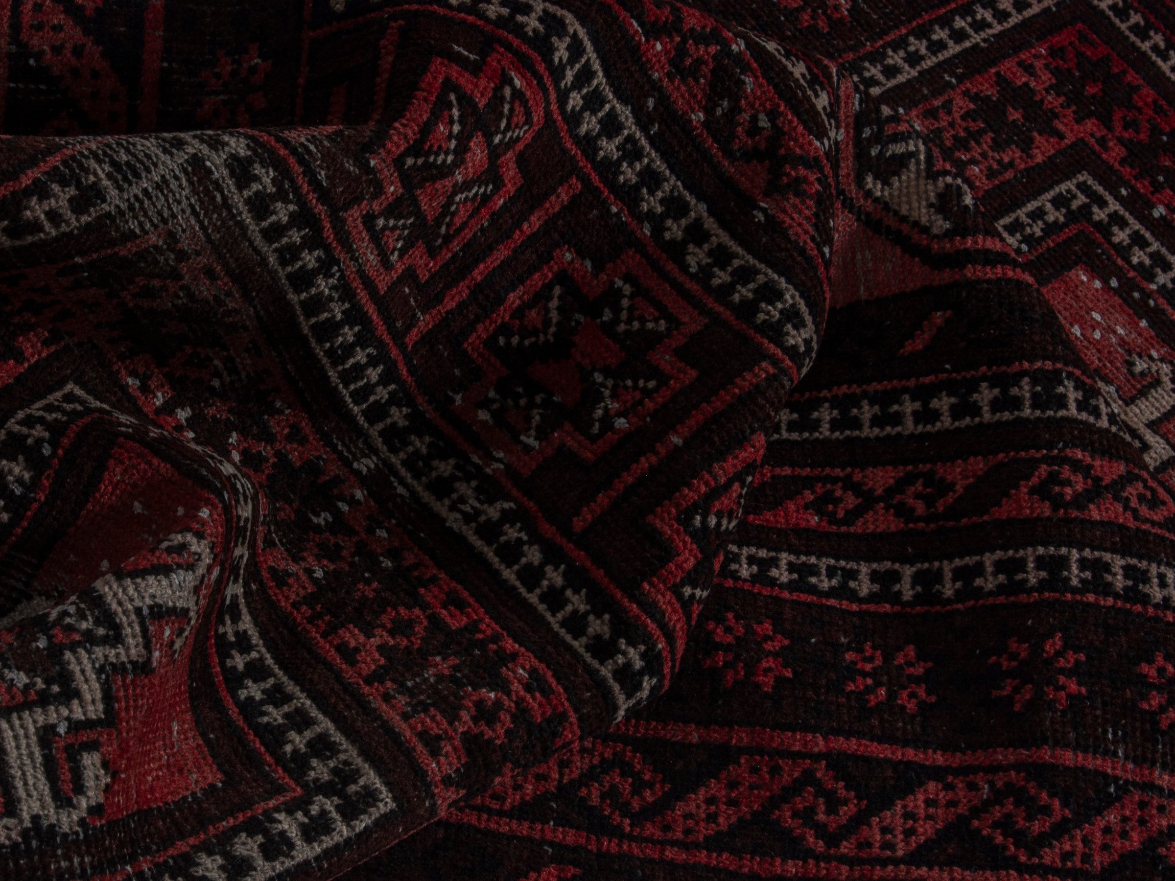 Persian Baluch runner rug in burgundy and deep red, view 15 of 16