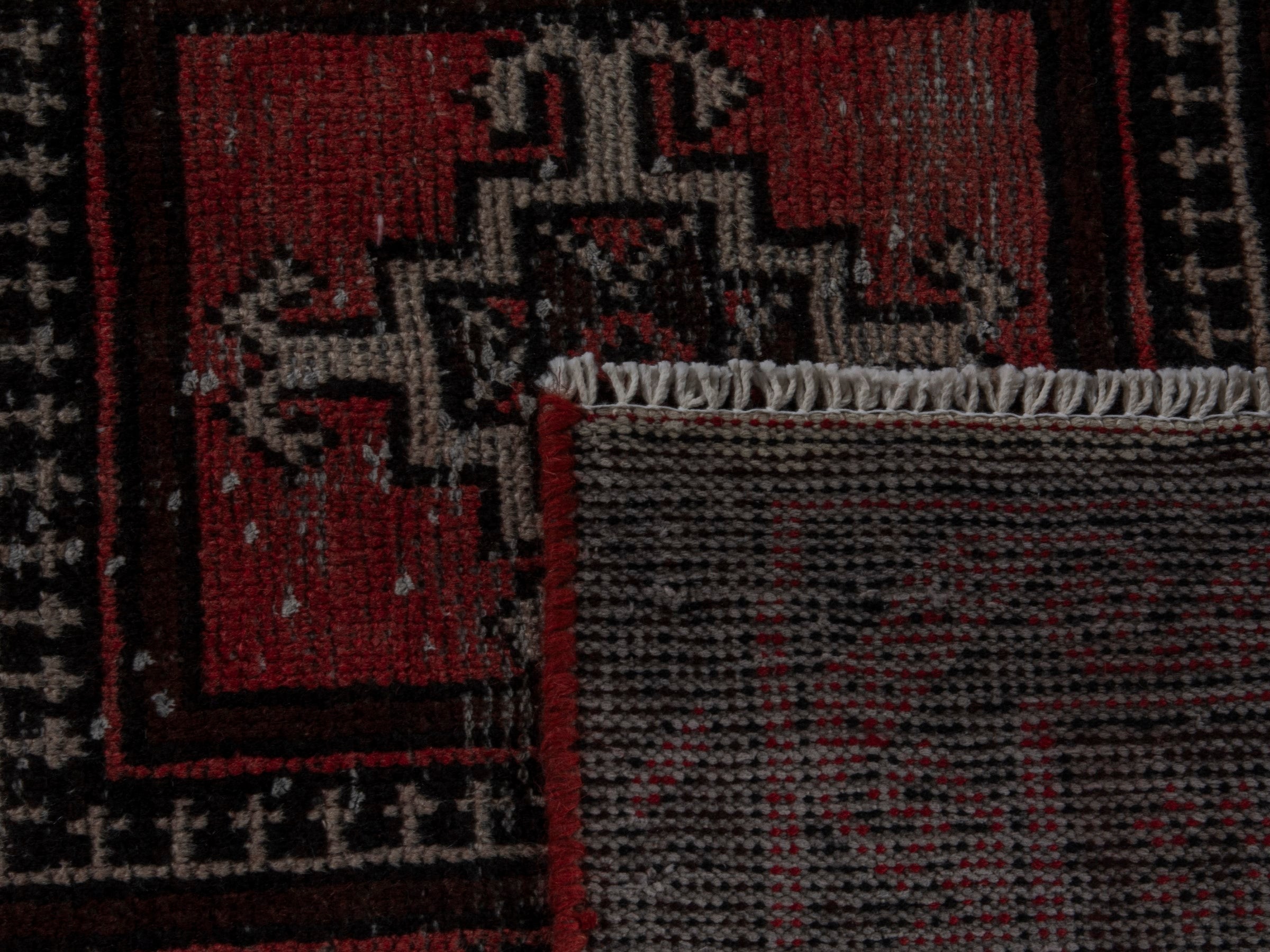 Persian Baluch runner rug in burgundy and deep red, view 16 of 16