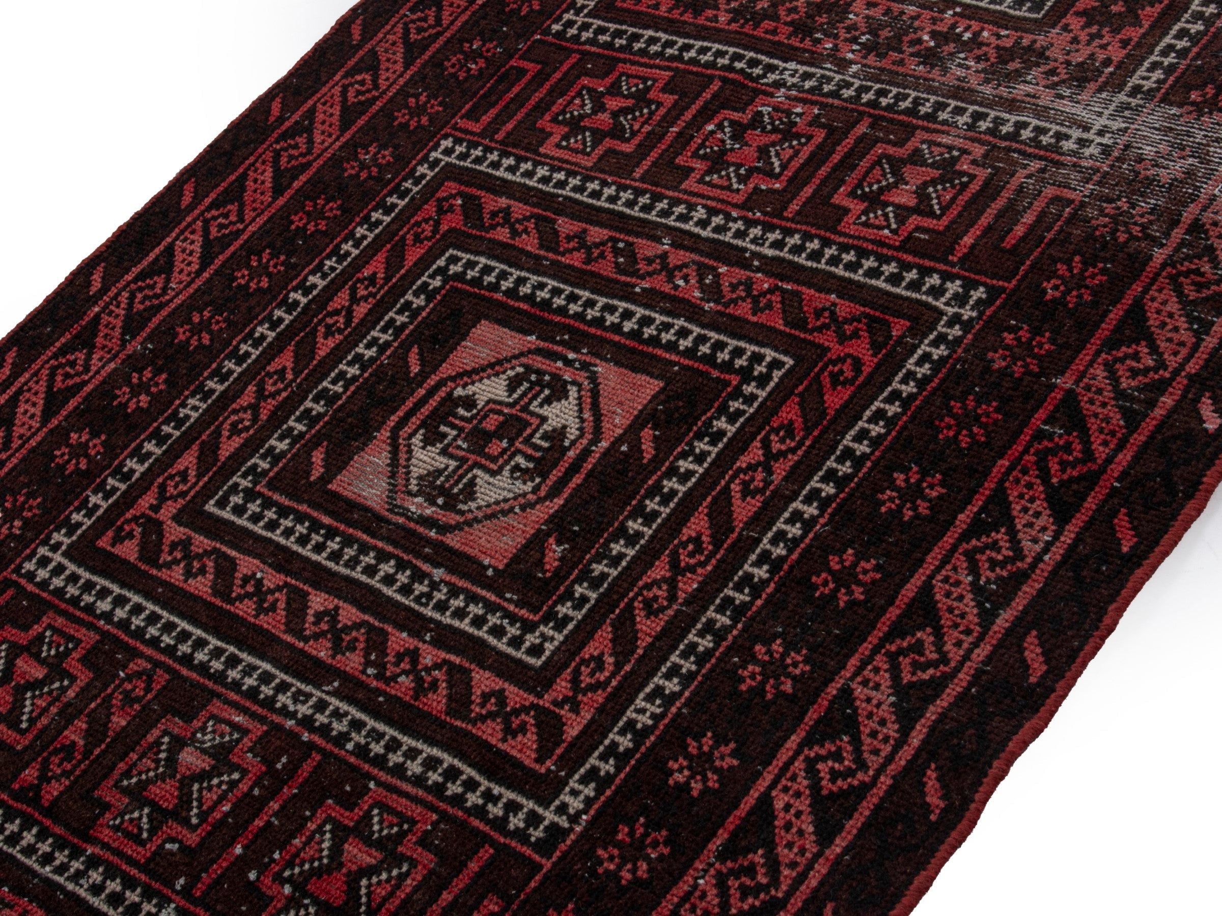 Persian Baluch runner rug in burgundy and deep red, view 3 of 16