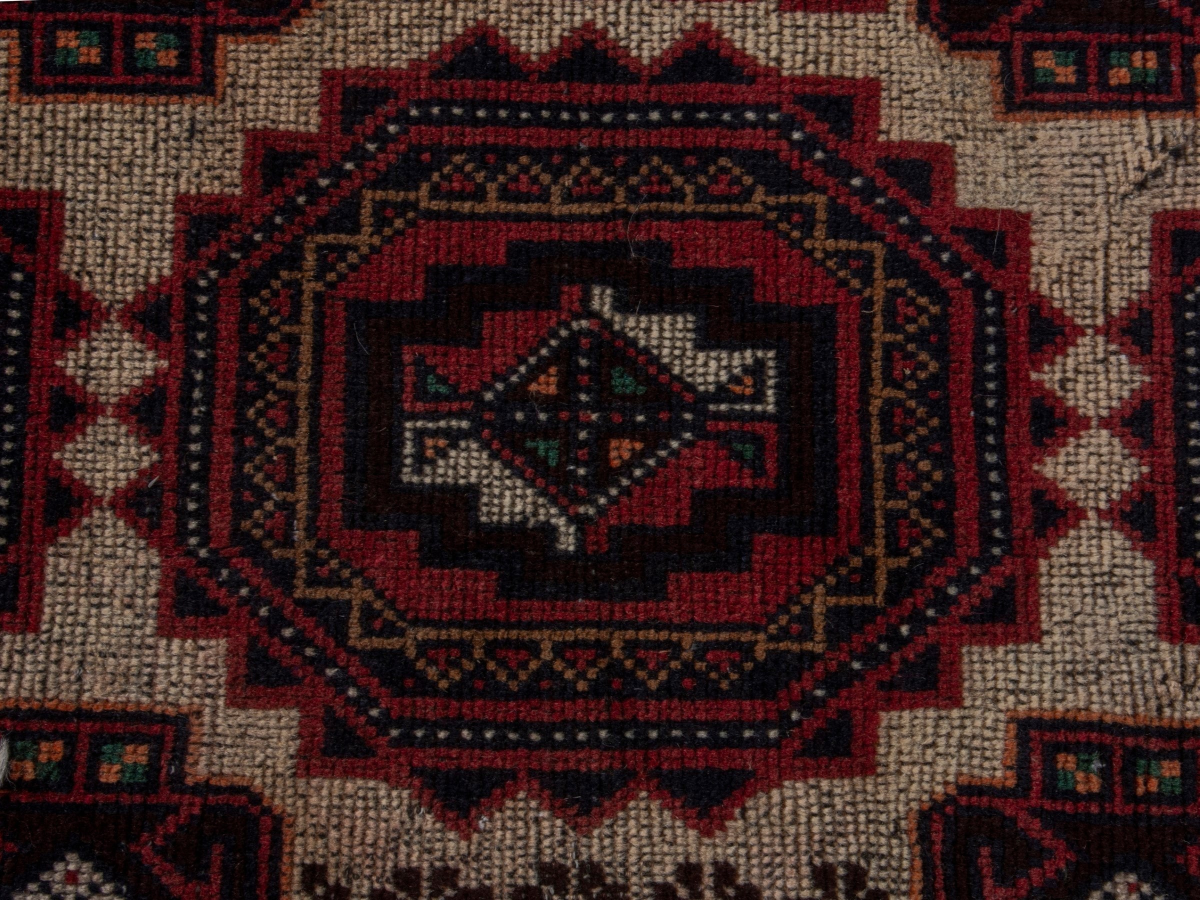 Persian Baluch accent rug in cream and burgundy, view 11 of 16