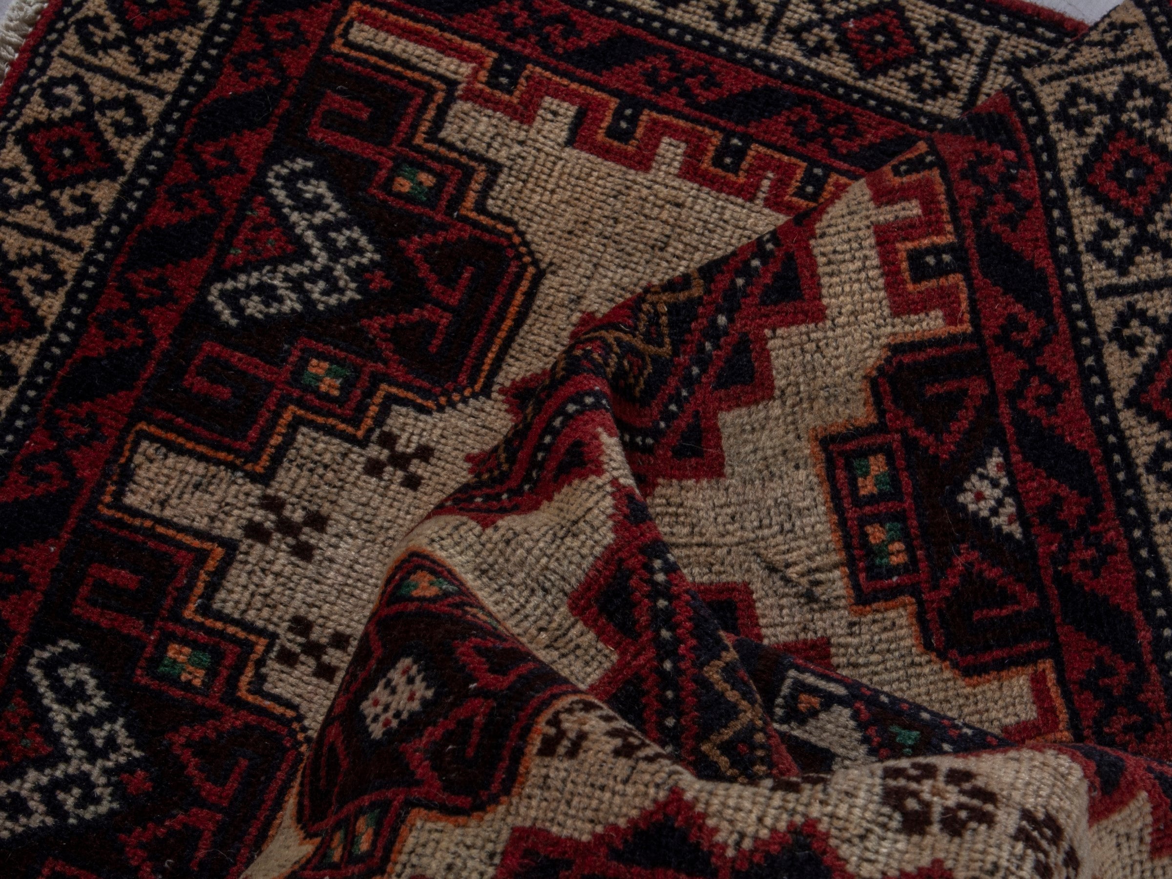 Persian Baluch accent rug in cream and burgundy, view 13 of 16