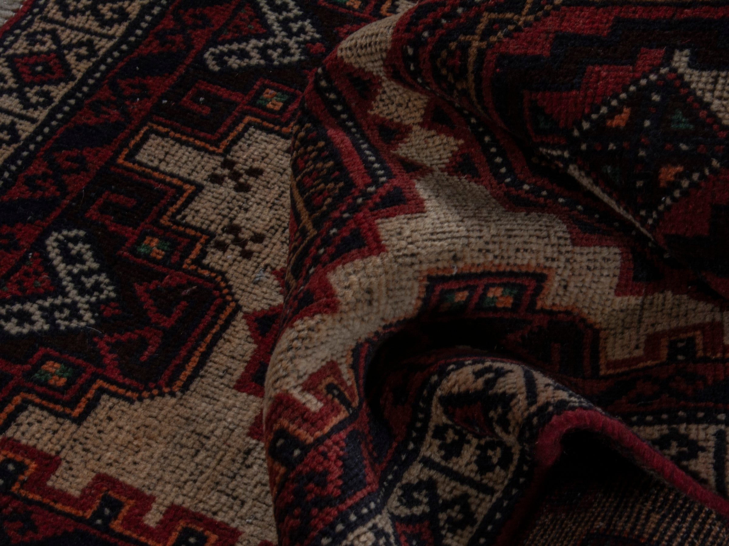 Persian Baluch accent rug in cream and burgundy, view 14 of 16