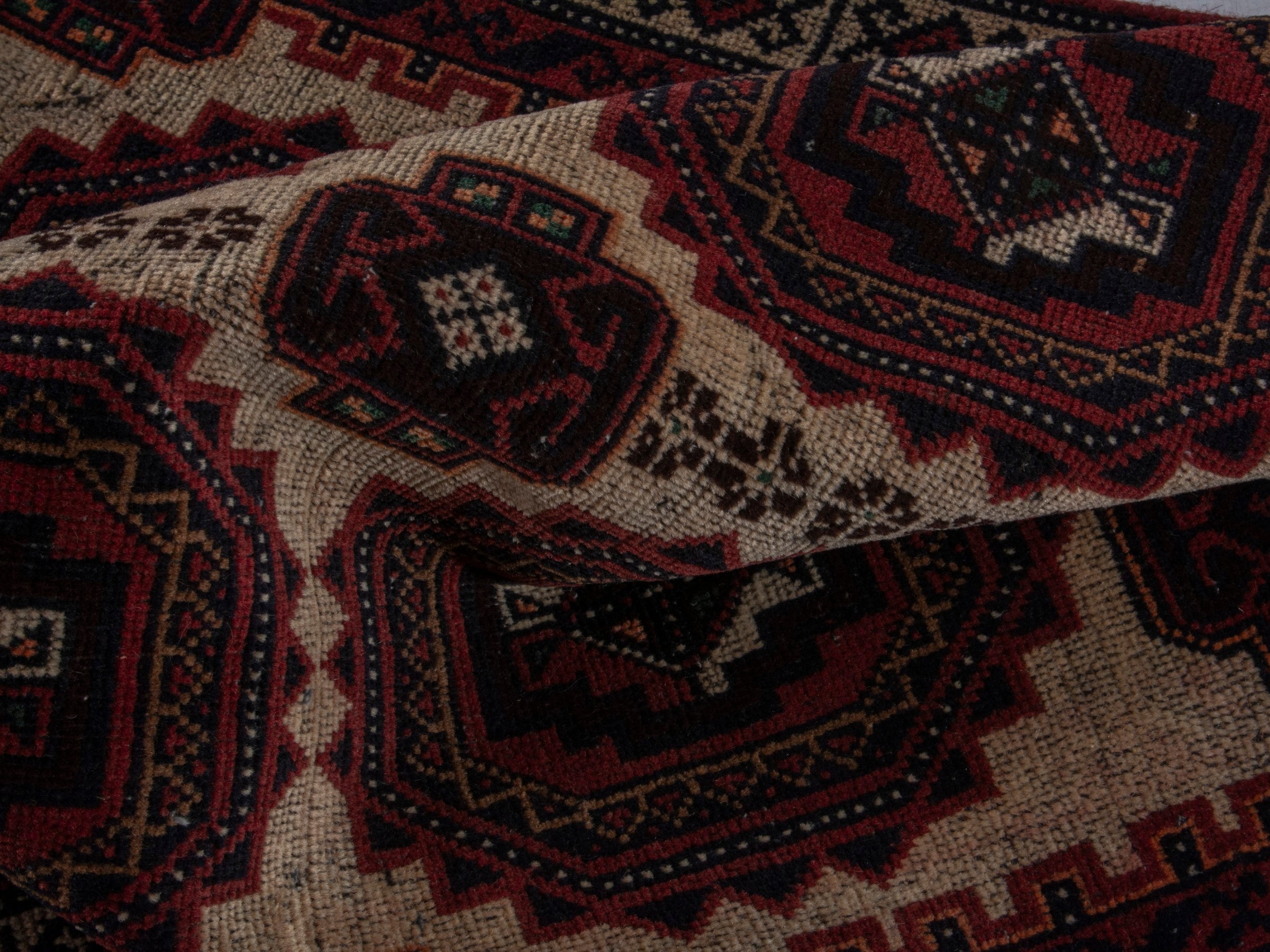 Persian Baluch accent rug in cream and burgundy, view 15 of 16
