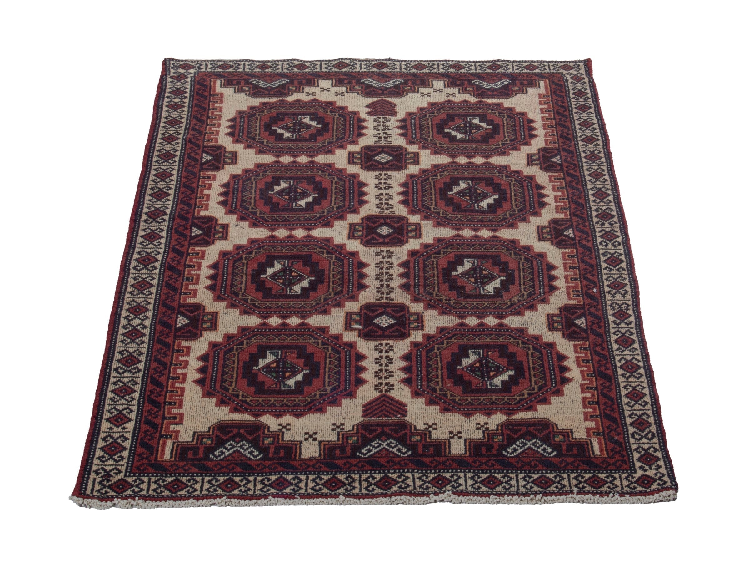 Persian Baluch accent rug in cream and burgundy, view 2 of 16